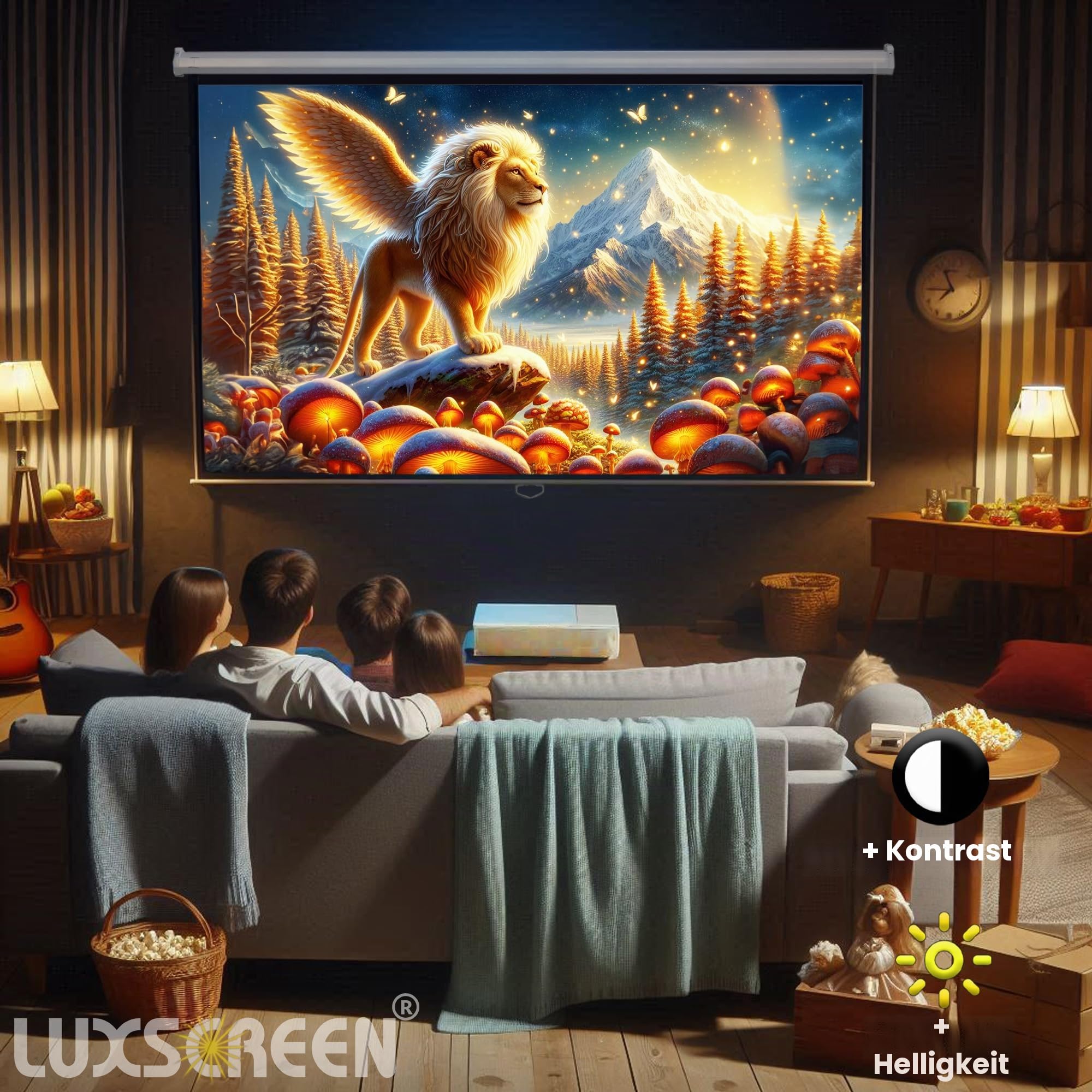 Projektionsleinwand 72" 140 x 105 cm | Mattweiße Oberfläche mit einem Gain-Faktor von 1,1 |Schwarzer umlaufender Rand Und Rückseite des Tuchs schwarz | Heimkino