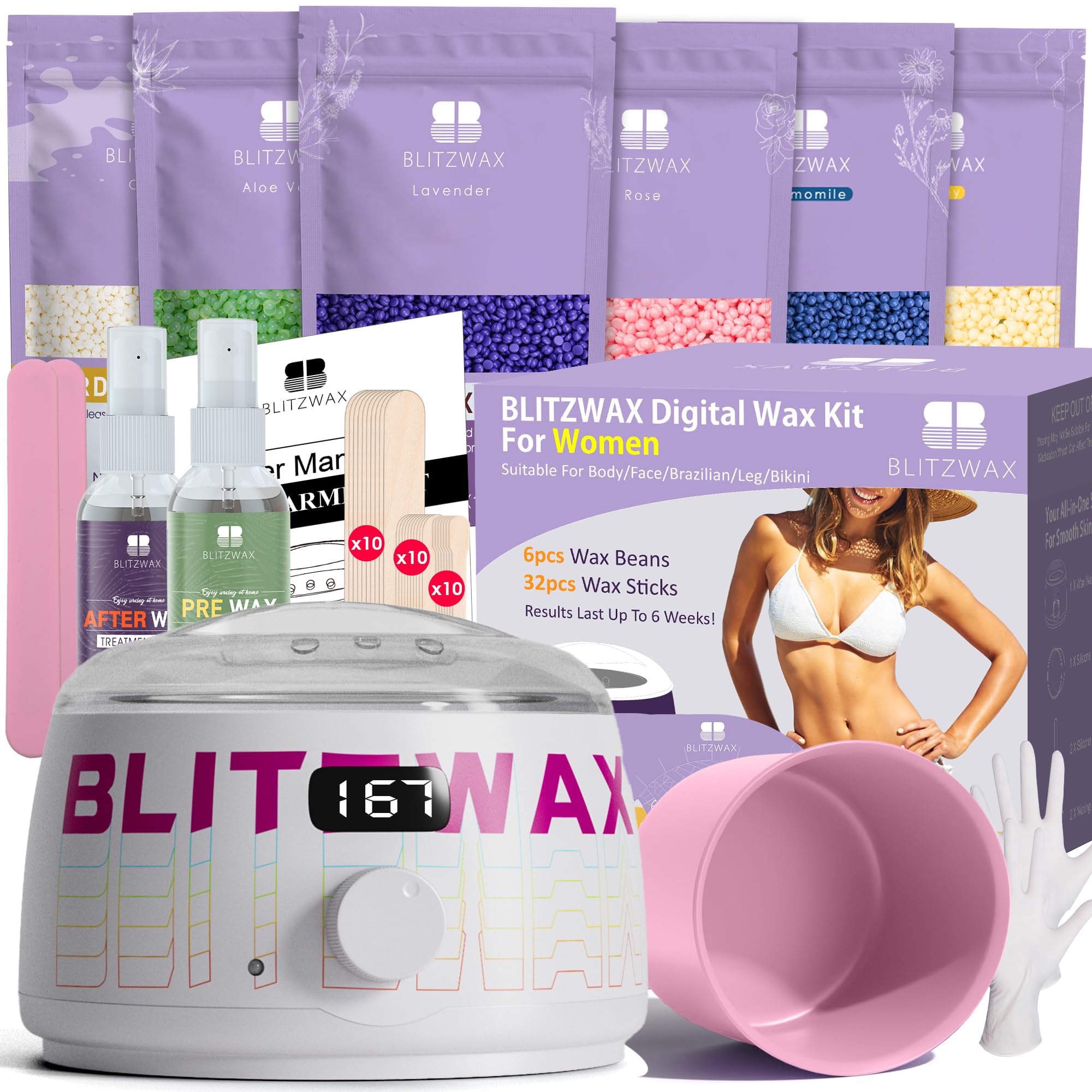 BLITZWAX Brazilian and Bikini Waxing Kit for Women, Hard Wax Warmer for Face, Legs, and Body, At Home Hair Removal Kit, Beginner Friendly, Quick Heating, Frost Reverb Digital Wax Pot