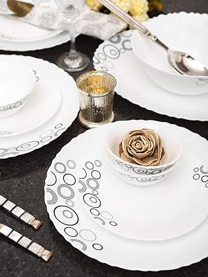 La Opala Diva Classique Collection Opal Glass Crockery | for Family of 6 | Dinner Set 33 pcs Misty Drops | Plates & Bowl