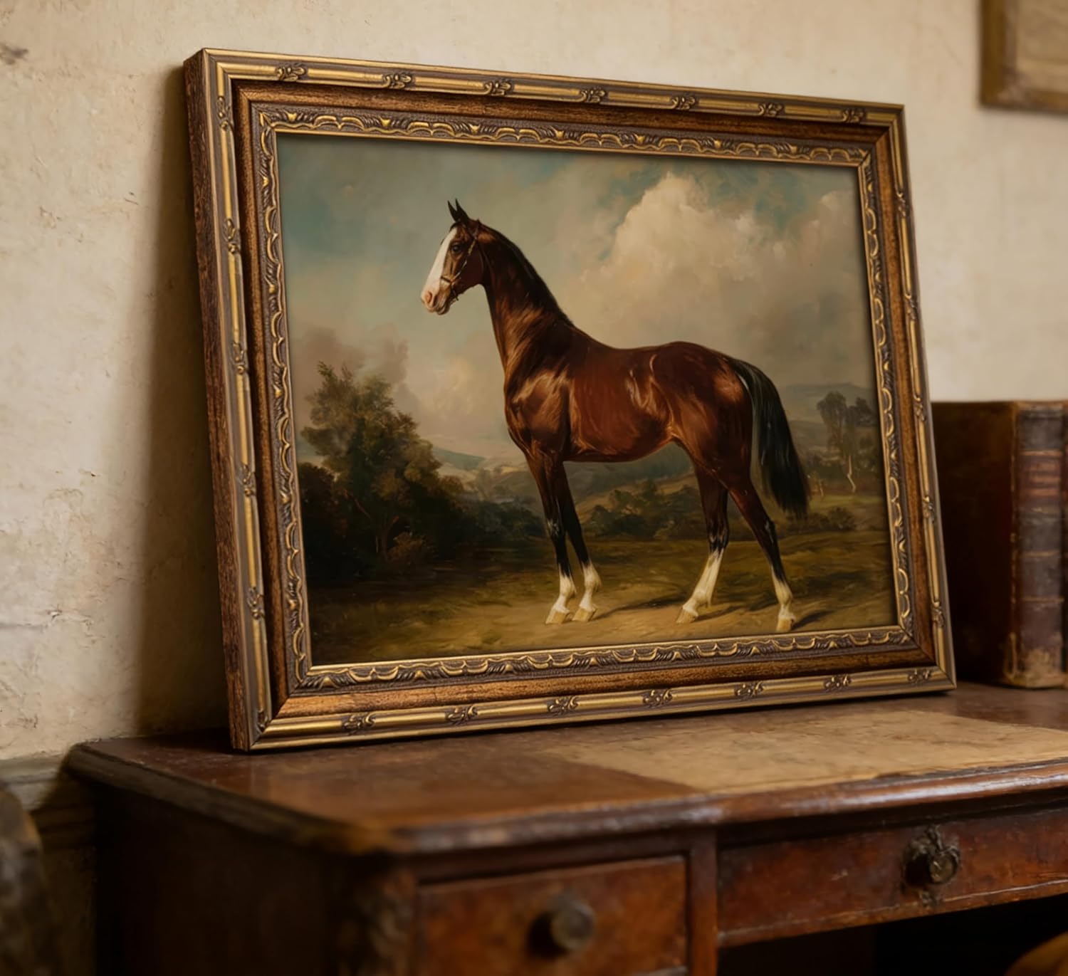 Vintage Gold Framed Horse Canvas Wall Art Farmhouse Animals Painting Picture Wall Decor Antique Picture Country Poster Print Artwork for Bedroom Bathroom Living Room Home Decoration