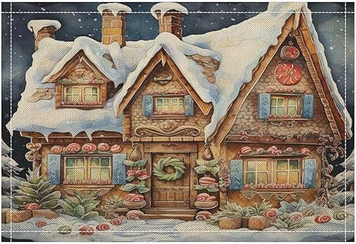 Miniatura 5 de Juego de 2 manteles individuales para casa de Navidad, pan de jengibre, algodón y lino, manteles individuales con texto en inglés Merry Christmas de
