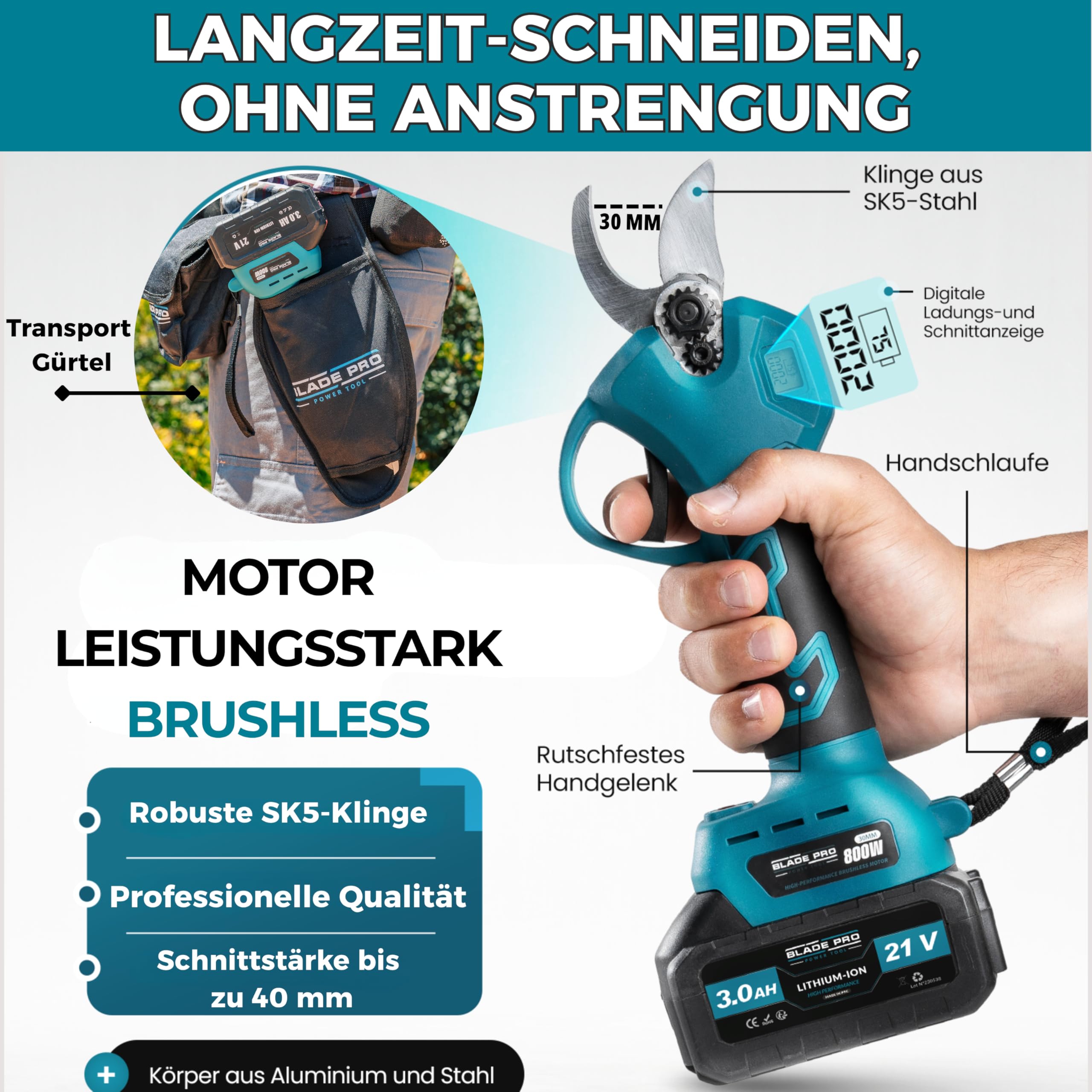 Akku Astschere bis zu 40mm Elektrische Gartenschere 6000mAh — Kabellos für Makita 18V — Bürstenloser Motor 800W — LCD Display — 10-teiliges Set BLADEPRO