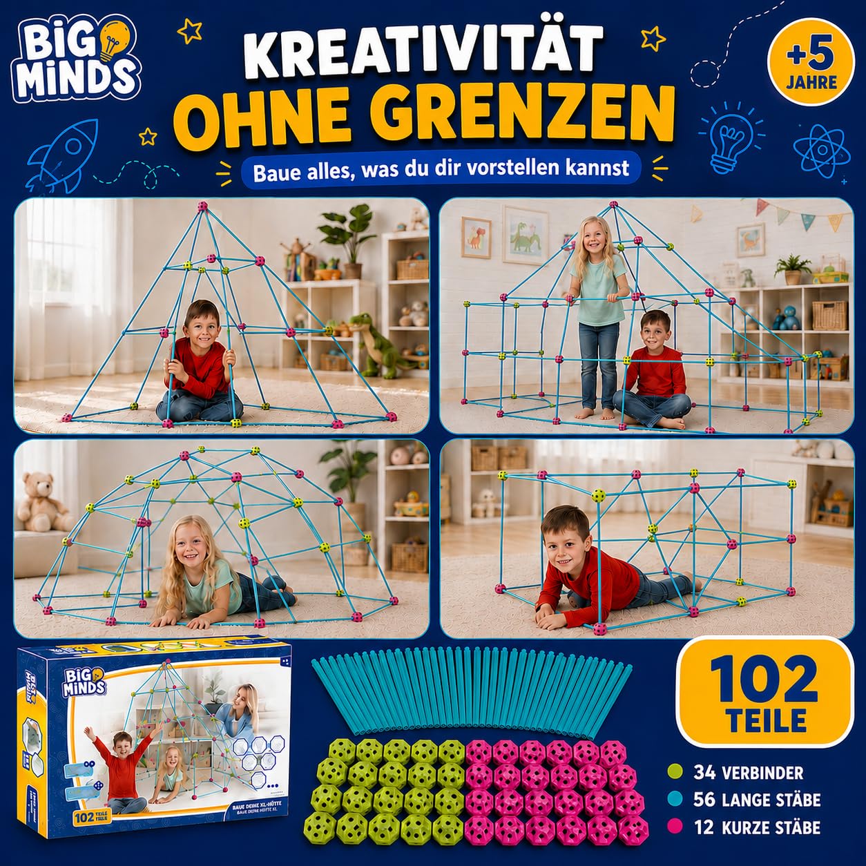 Höhle Bauen Kinder XL | Outdoor Spiele Für Kinder | Konstruktionsspielzeug 102 Stück | Kinderzelt Indoor Stem | Outdoor Spielzeug | Spielzeug Ab 6 Jahre Jungen
