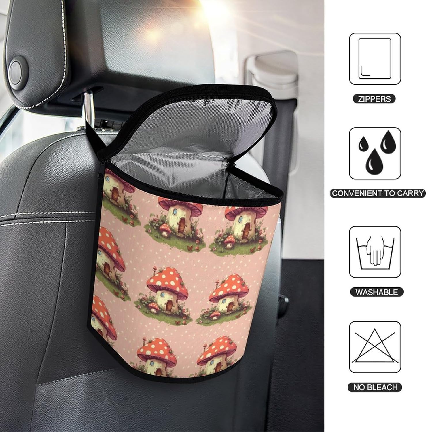 Hanging Car Trash Bag Cute Mushroom House Printed Car Garbage Storage Bag Leakproof Car Trash Can Portable Garbage Storage Bags