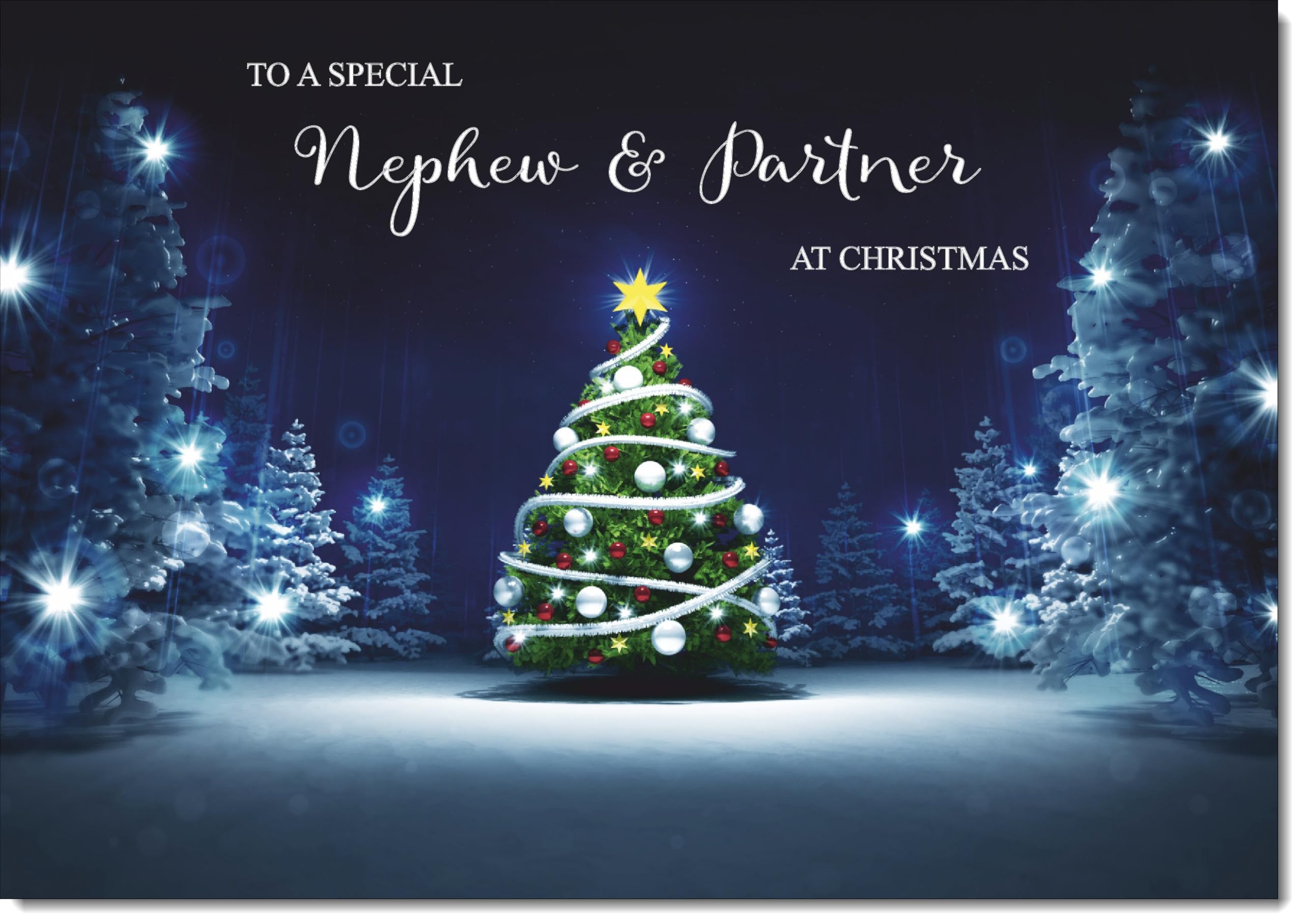doodlecards Nephew and Partner Christmas Card Tree in Dark Sky Large A4 Size Christmas Card for Nephew & Partner with Plain Envelope — image 1
