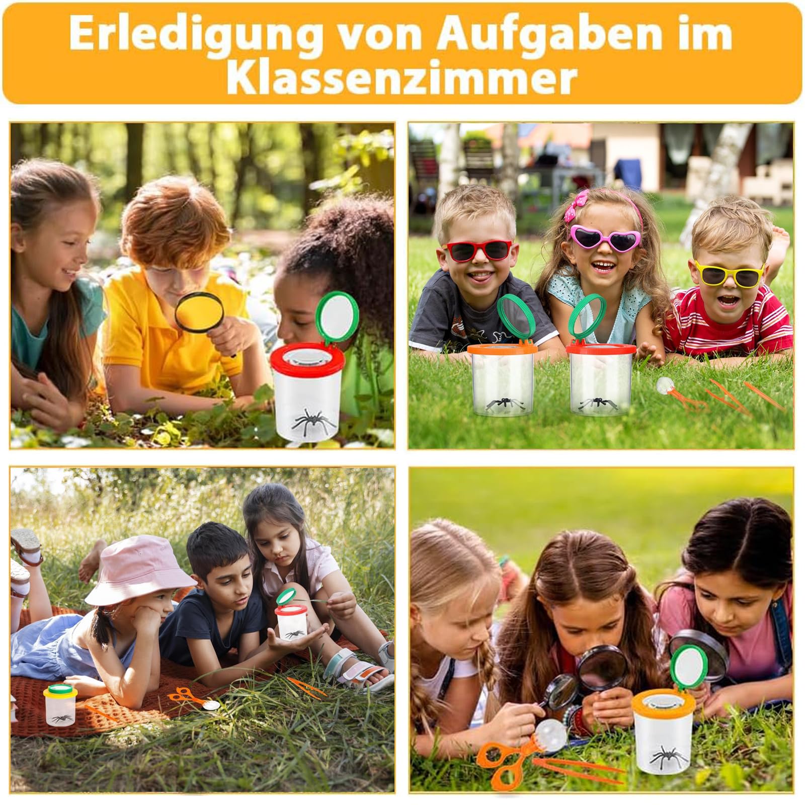2 bicchieri di lente d'ingrandimento per bambini con pinzette e raccoglitore per insetti, set di lenti d'ingrandimento per bambini, lente d'ingrandimento, per osservare insetti o foglie (rosso,