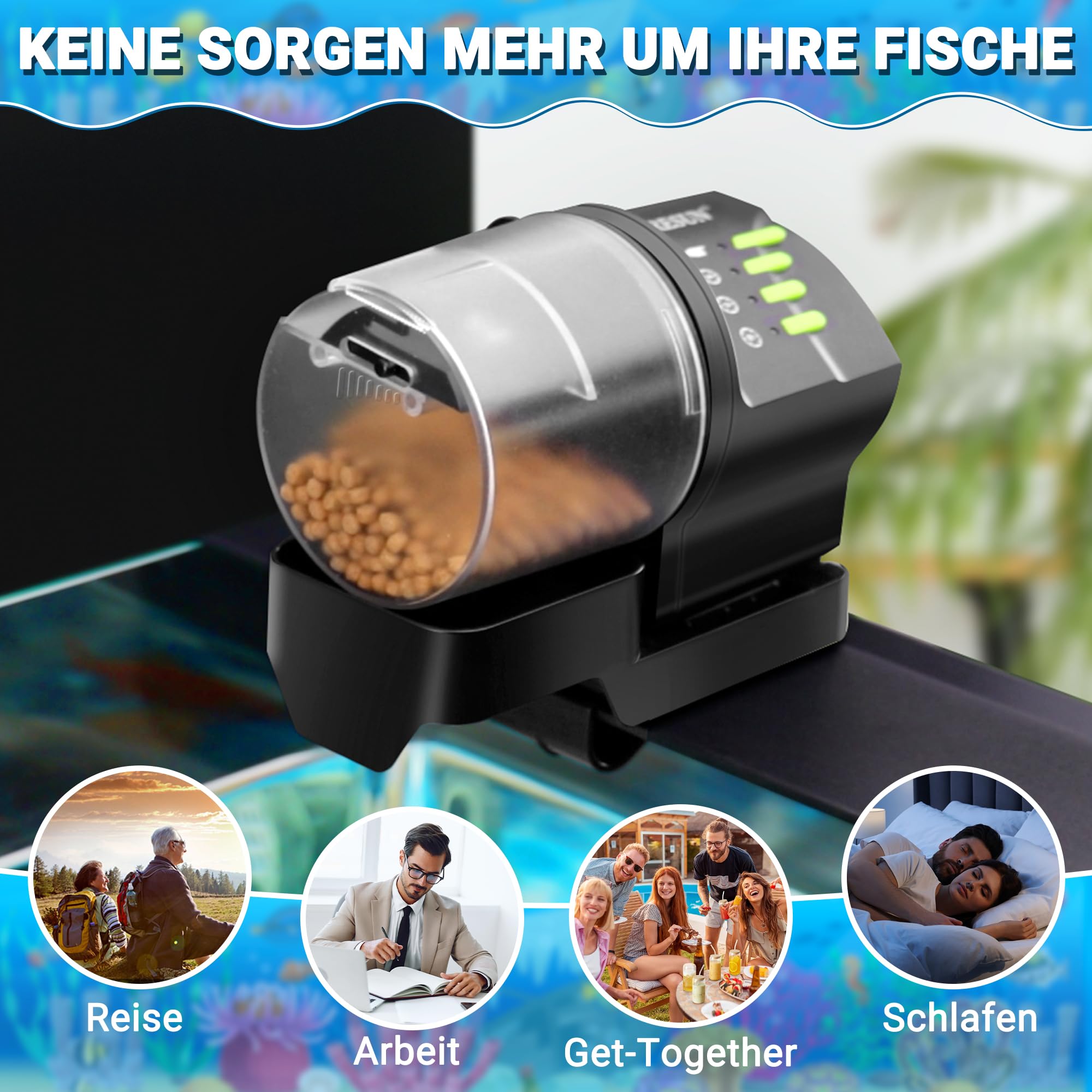 Ycozy Fischfutterautomat Aquarium FischFutterspender Futterautomat Fische Steckernetzteil Super Einfacher Einstellung Automatischer Fischfutter für Urlaub Goldfische Schildkröten