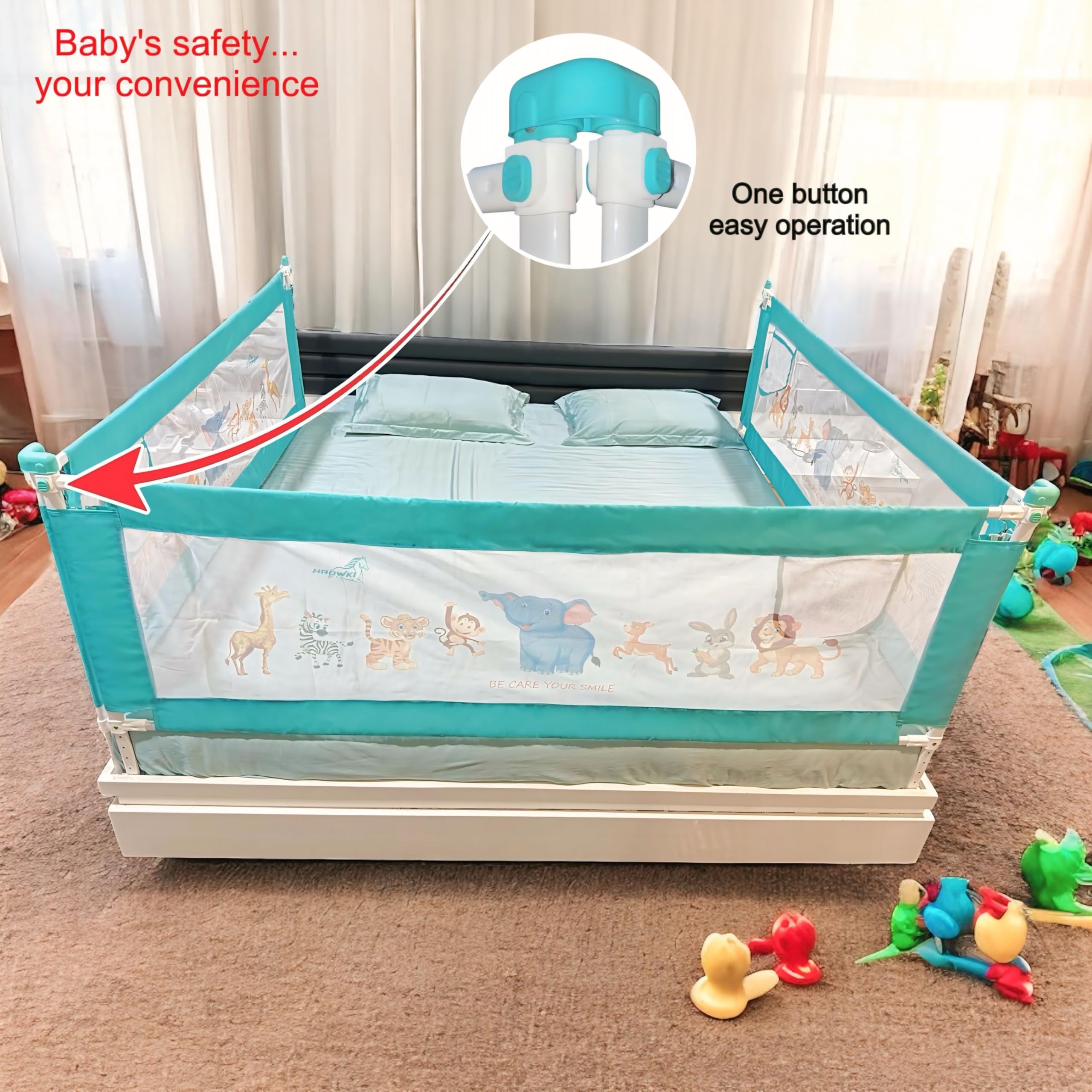 HAOWKI Baby Bed Rail Guard for Kids | Foldable Safety (6ft x 2ft) Bed Fence with Animal Print | Tear-Free Mesh | Suitable for All Bed Sizes (3, Green) - Image 3 thumbnail