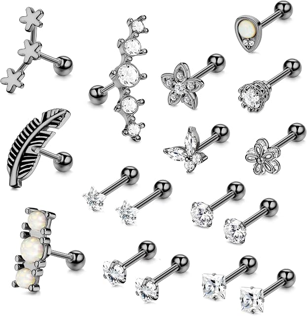 Kakonia Cartilage Earring Stud for Women Men 16G Stainless Steel Flower Butterfly Feather Teardrop CZ Opal Silver Rose Gold Black Tragus Conch Helix Piercing Jewelry