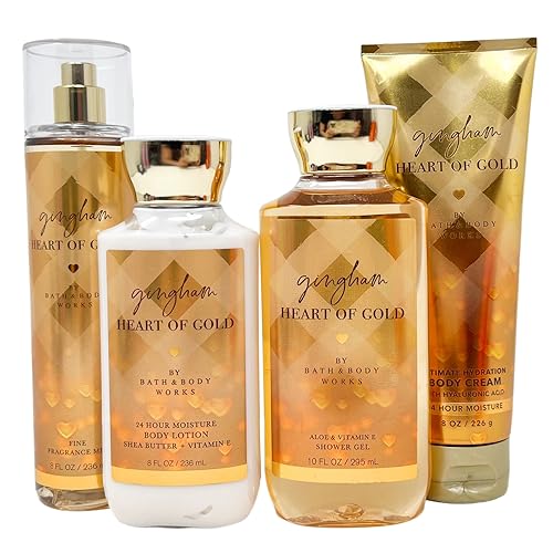 Gingham Heart of Gold - Juego de 4 unidades de regalo de fragancia fina, crema corporal de hidratación definitiva, gel de ducha de aloe + vitamina