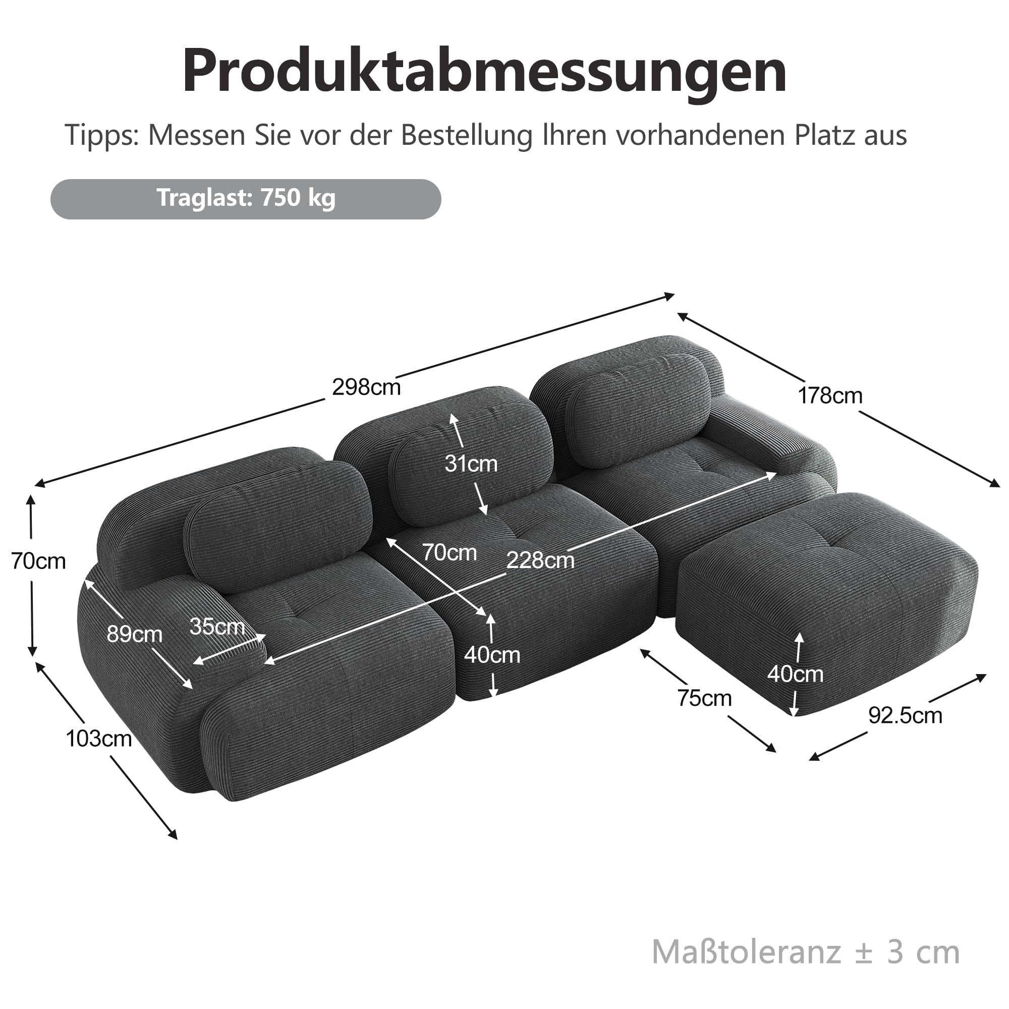 Modułowa sofa narożna 298 x 178 x 70 cm, 3-osobowa z materiału sztruksowego