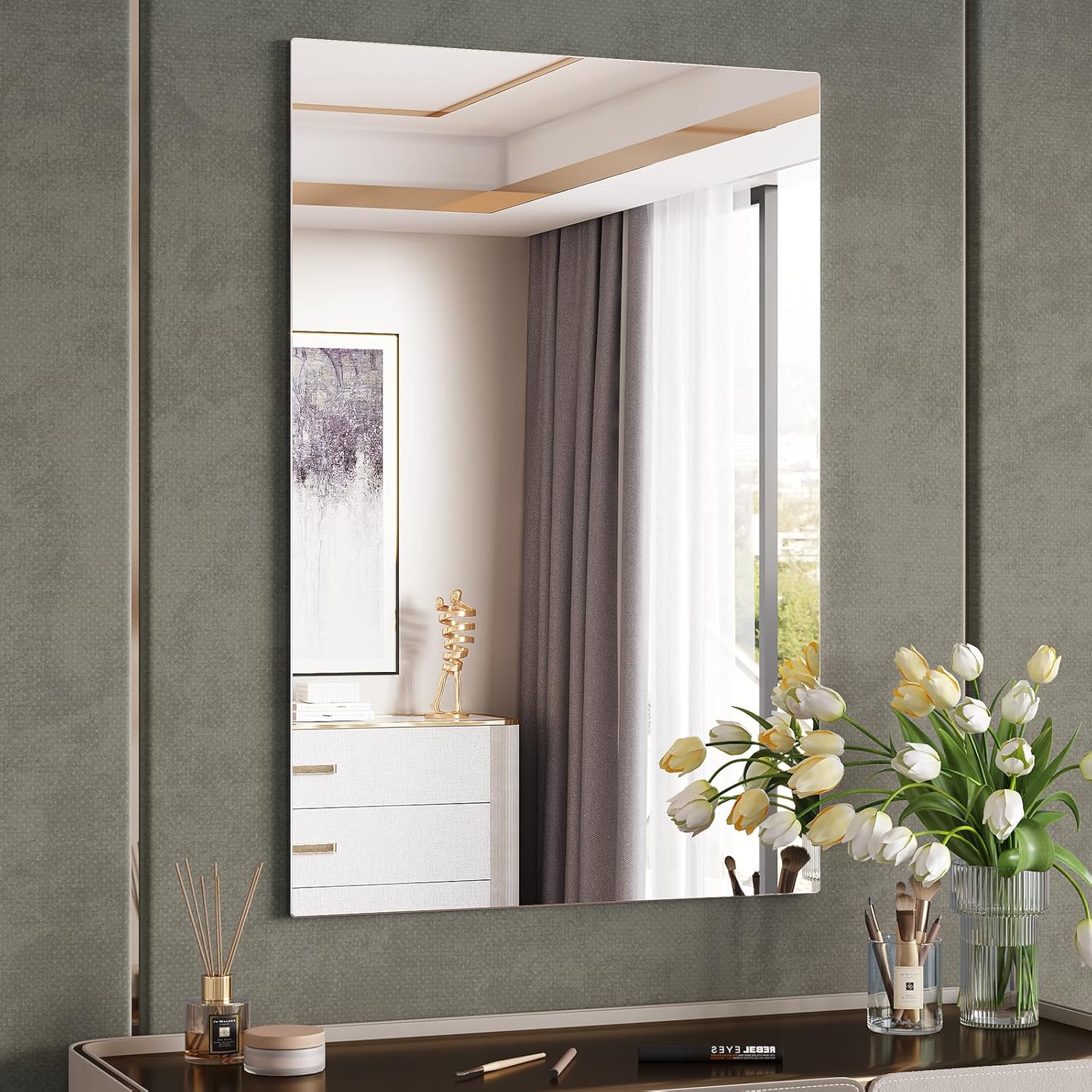 Frameless Mirror, 24"x36" Bathroom Mirrors for Over Sink, Large Tempered Glass Square Vanity Mirror, Wall Mirror for Living Room, Bedroom, Entryway, Gym, Yoga