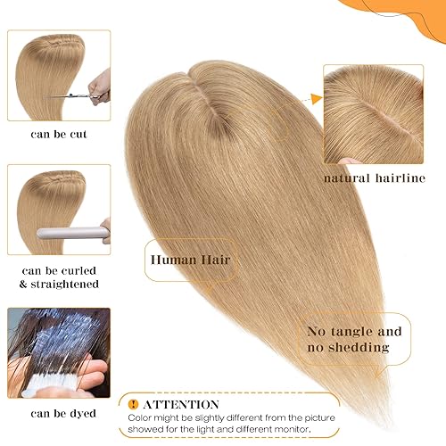 Miniatura 3 de S-noilite Toppers para el cabello humano real para mujer, sin flequillo, 12 pulgadas, #27 rubio oscuro, base de seda, clip en la parte superior para