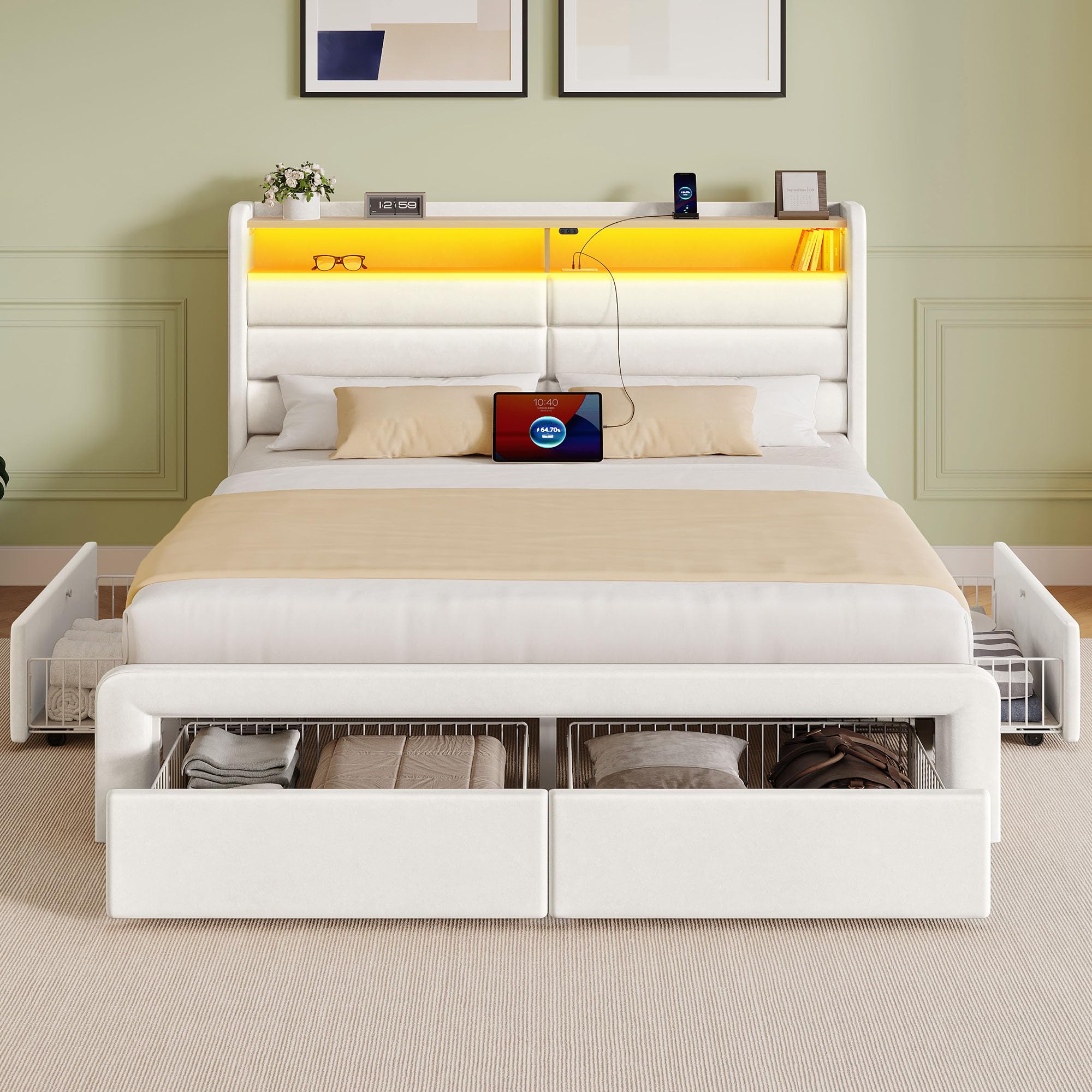 Seventable Queen Bed Frame with 4 Storage Drawers & Charging Station, Upholstered Platform Bed Frame Queen Size with Storage Headboard & LED Light, No Box Spring Needed, Easy Assembly, White