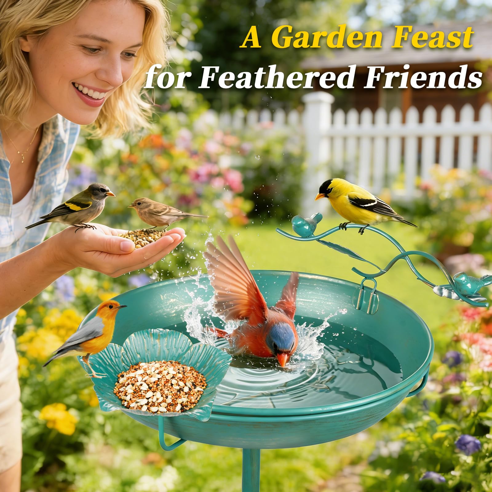 Mellbree Metal Bird Bath for Outside, 12" Dia 39" H Lake Blue with Gold Gilding, Freestanding with Perch & Feeder Bowl, Multi-Functional for Garden Patio Yard Lawn Outdoor Decor - image 2