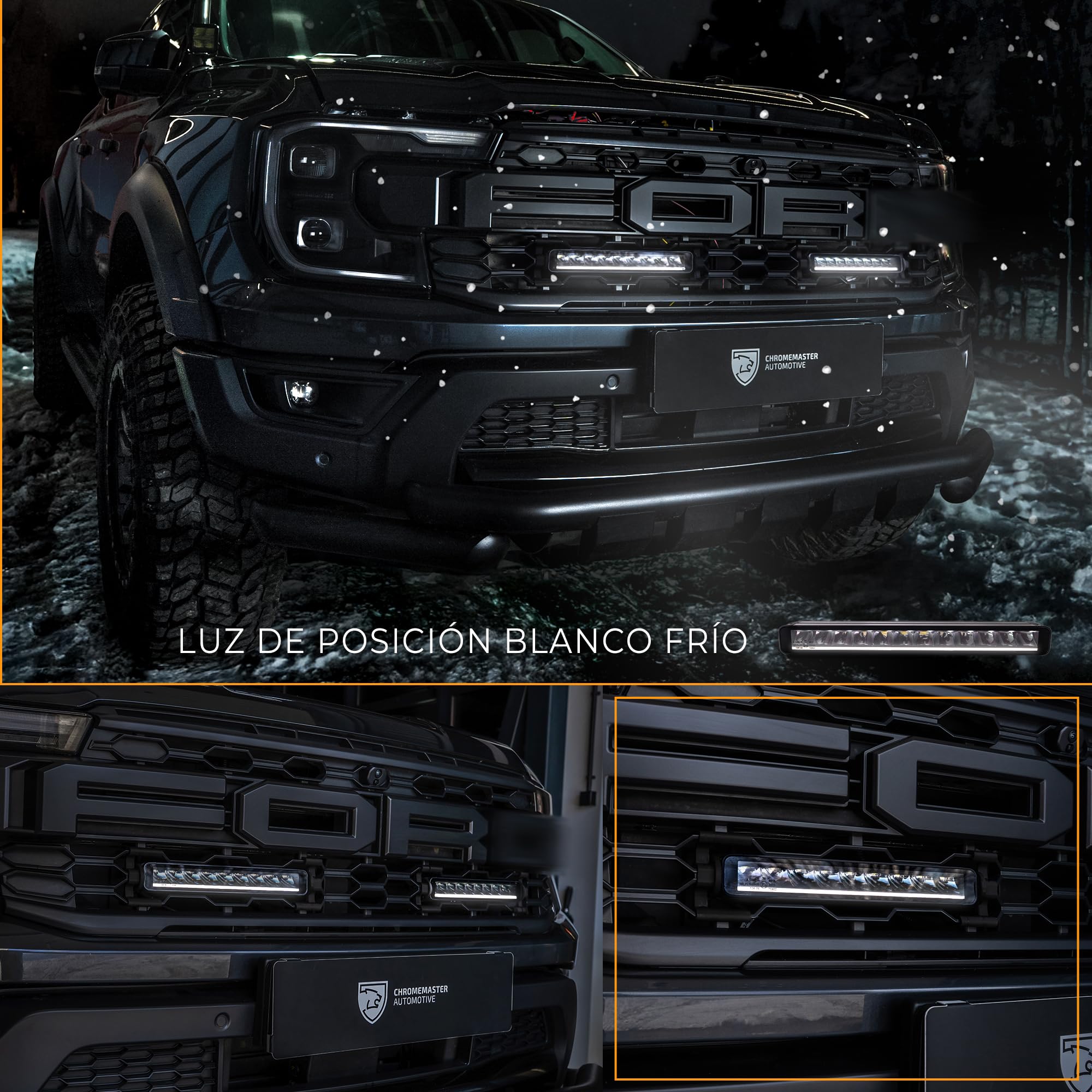 CHROMEMASTER | Luces LED en la Parrilla del Vehículo Compatibles con Ford Ranger Raptor 2022+ ; 2x Luces Diurnas LED BAR BLACK SERIES 11,2" IP69K, Homologación E, 12–24V; 3 Modos de Iluminación