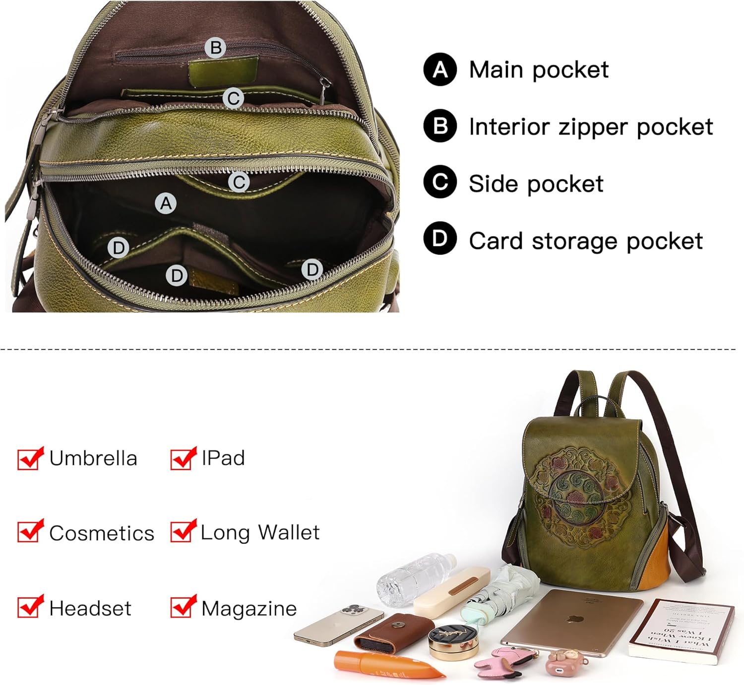 Small Travel backpack purse for women Genuine Leather Anti Theft Backpack with USB Charging Port Fashion Vintage Embossed Totem Backpacks Army Green
