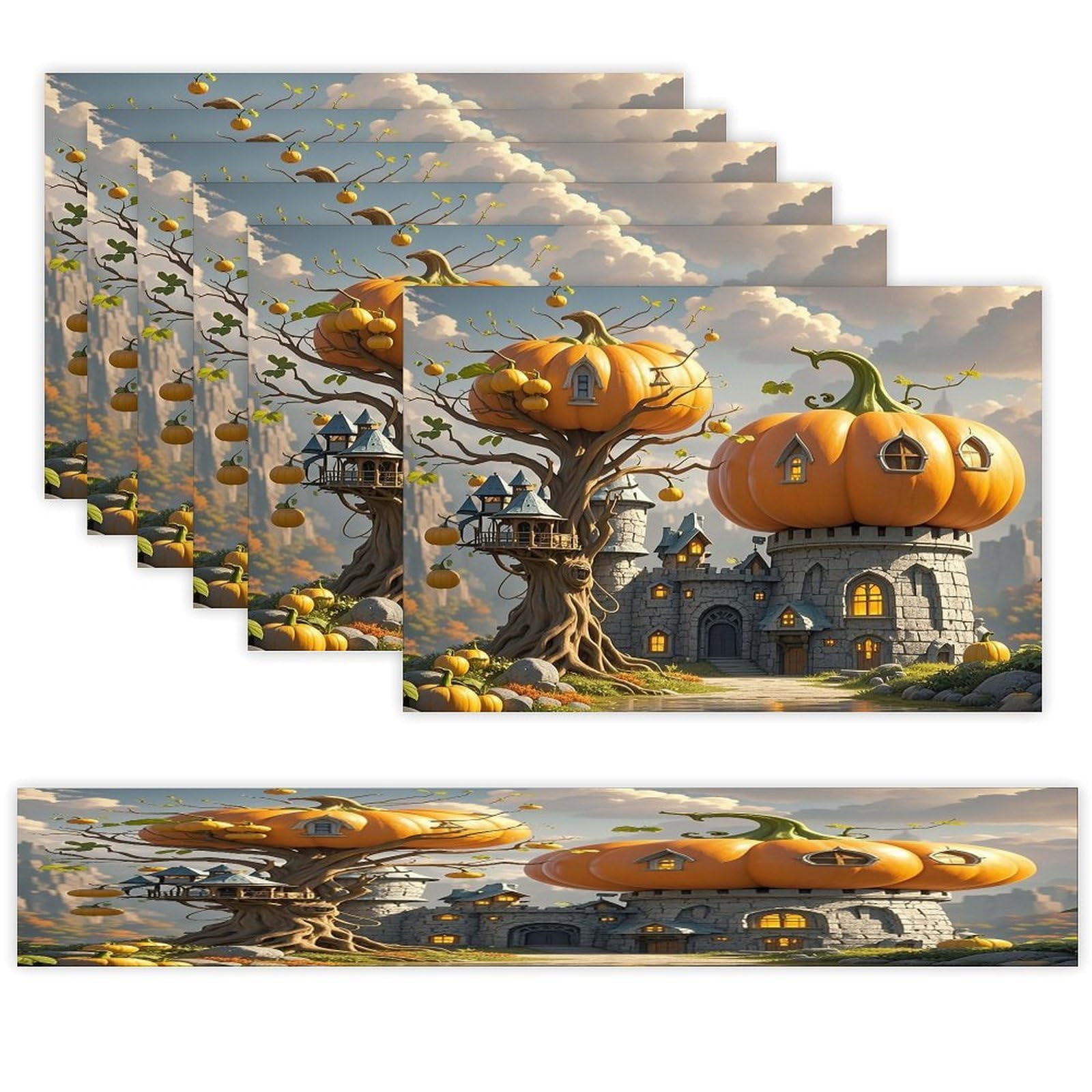 Pumpkin Building Table Runner and Placemats Set of 6 Wipe Clean Heat Resistant Table Mat with Table Runner Decorations Flax Linen Place Mat Set for Home Kitchen Party Supplies