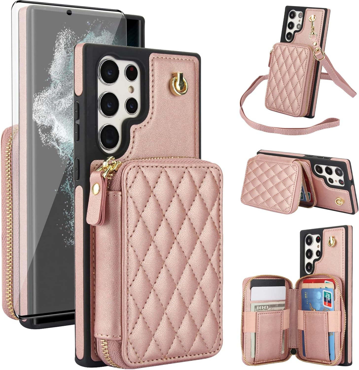 Phone Case for Samsung Galaxy S22 Ultra 5G Wallet Cell Cover with Tempered Glass Screen Protector Wrist Crossbody Strap RFID Blocking Card Holder S22ultra 22S S 22 S22ultra5g 6.8 Women Girls Rose Gold