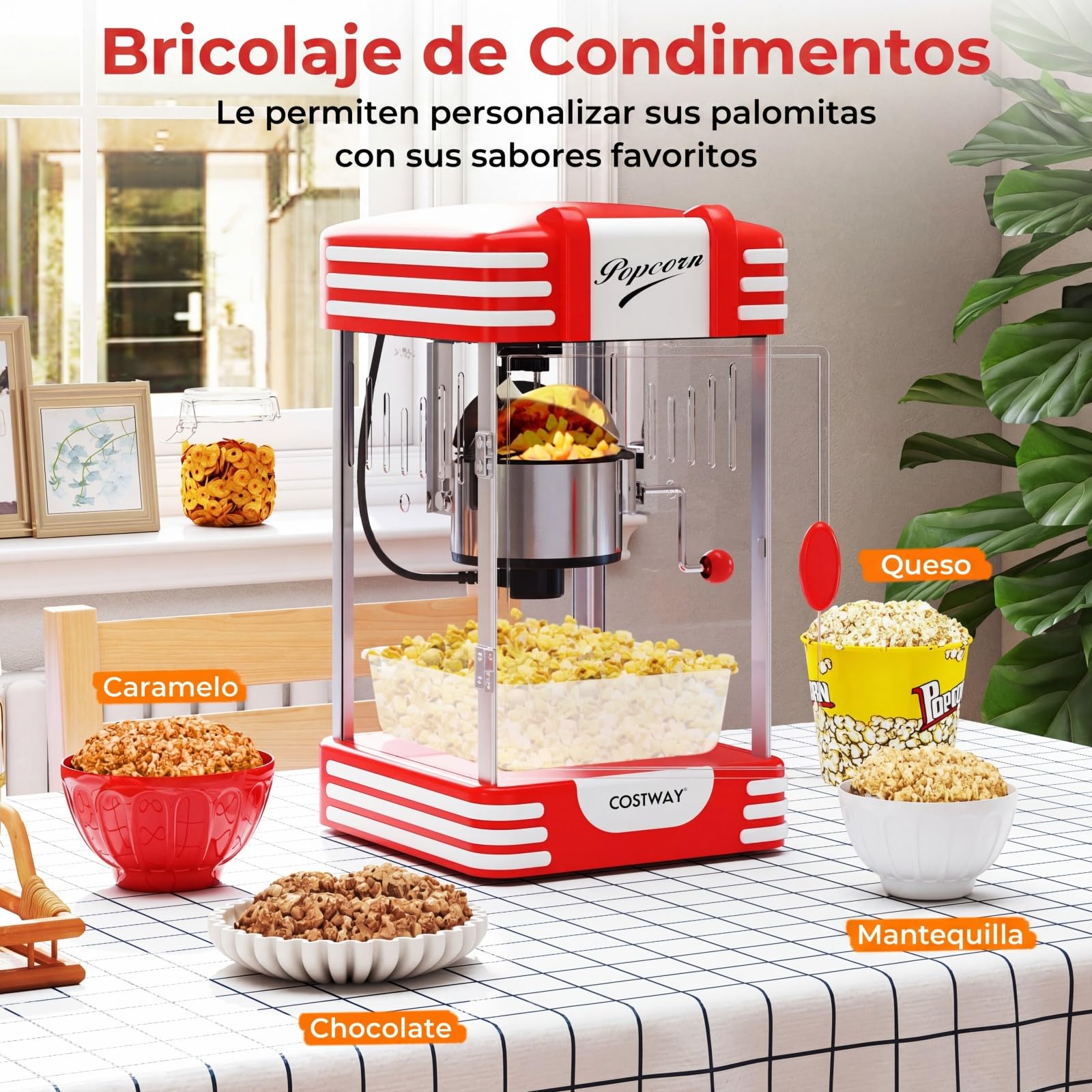 COSTWAY 300 W Palomitero Eléctrico Antiguo, Máquina de Palomitas Sobremesa con Luz Halógena, Olla de Acero Inoxidable, Cucharas para Granos y Aceite, Bandeja de Servicio, Rojo