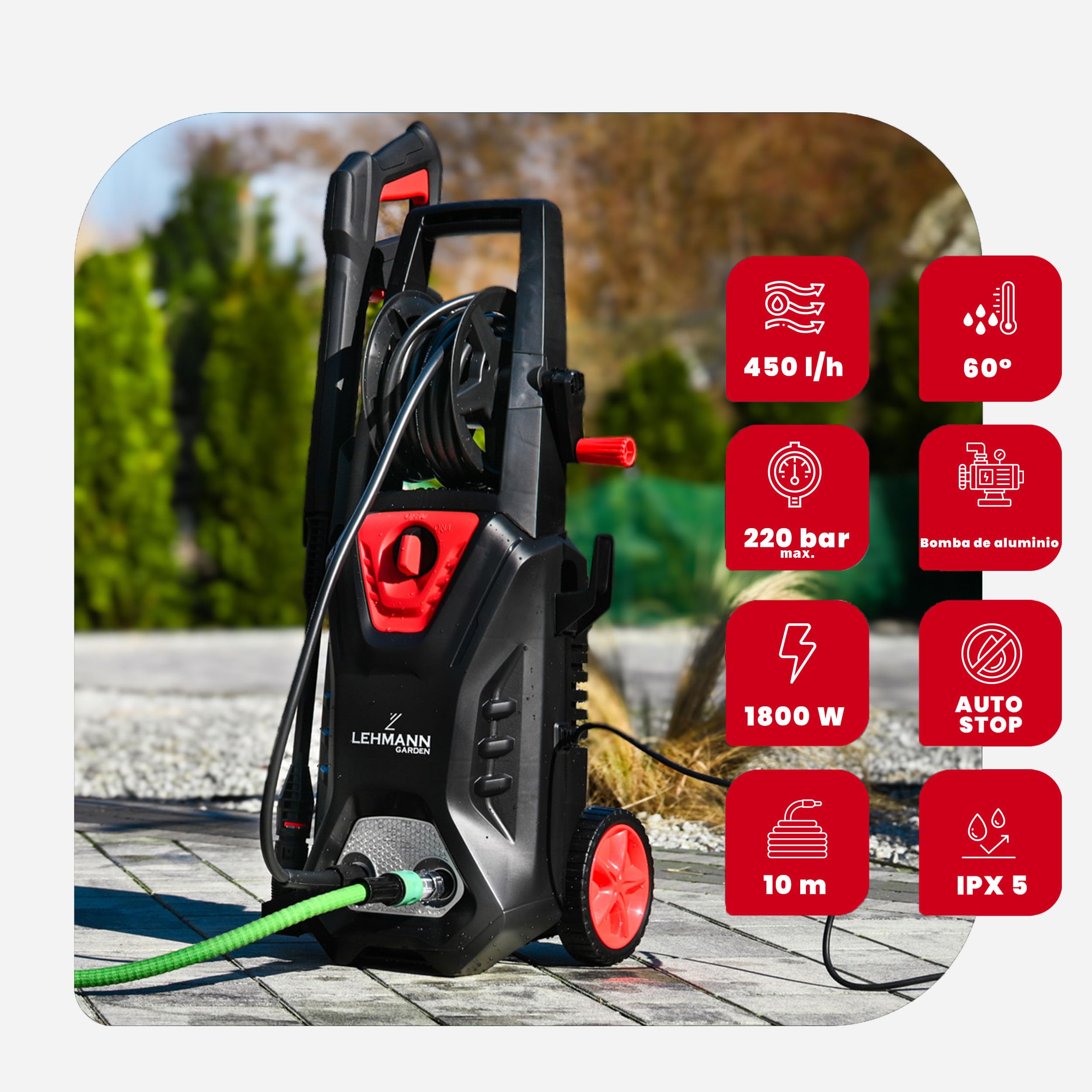 Lehmann Hidrolimpiadora de Alta Presion Hudson, 1800W, Presión Máx. de 220 Bares, 450 l/h, Bomba de Aluminio, Manguera de Alta Presión de 5 m, Limpiadora de Superficies Compacta
