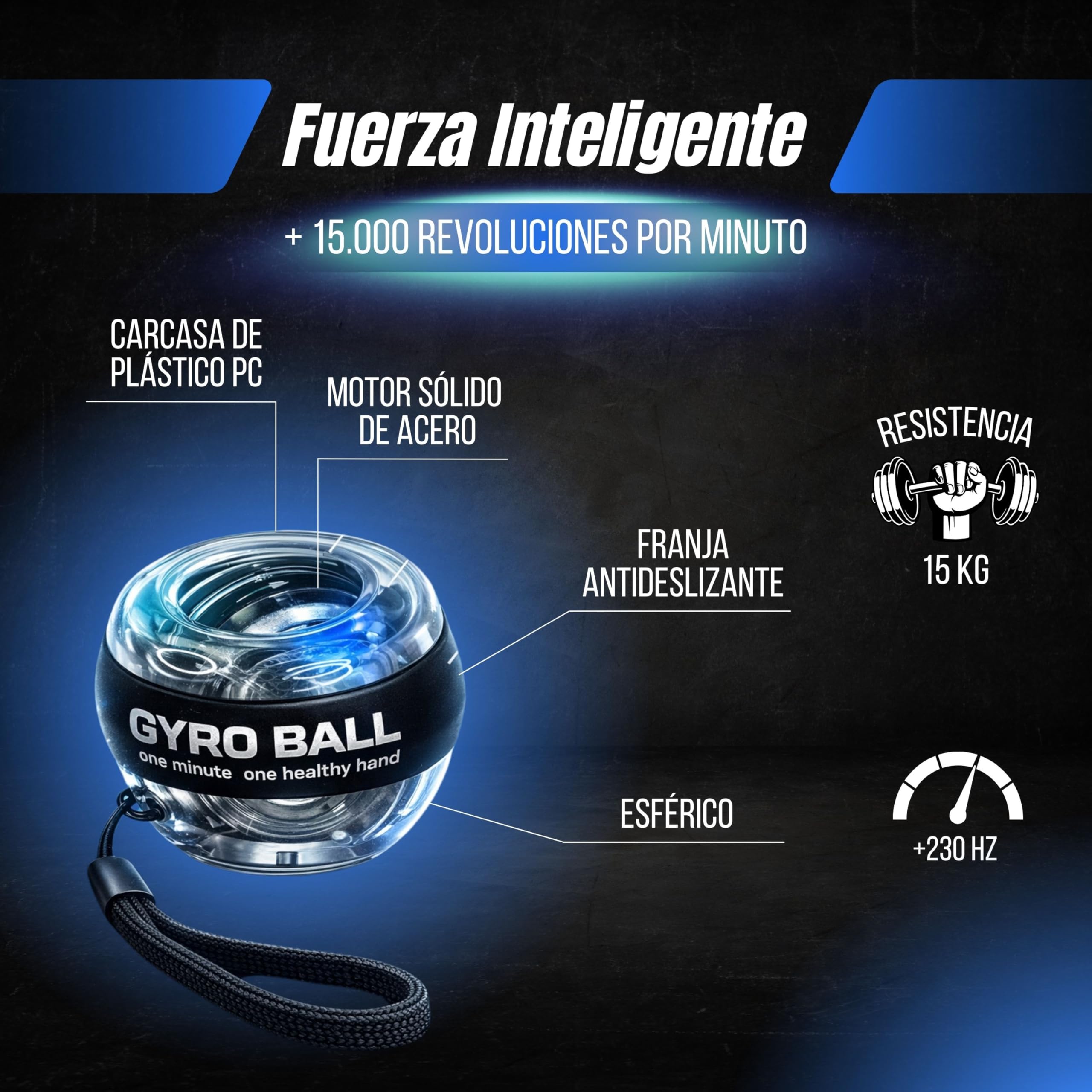 Giroscopio de Mano para Fortalecer Muñeca y Antebrazo PREMIUM PMR SHOP® | Gyro Ball con Inicio Automático y Correa | Ejercitador de Mano Compacto con Funda y Manual - 4