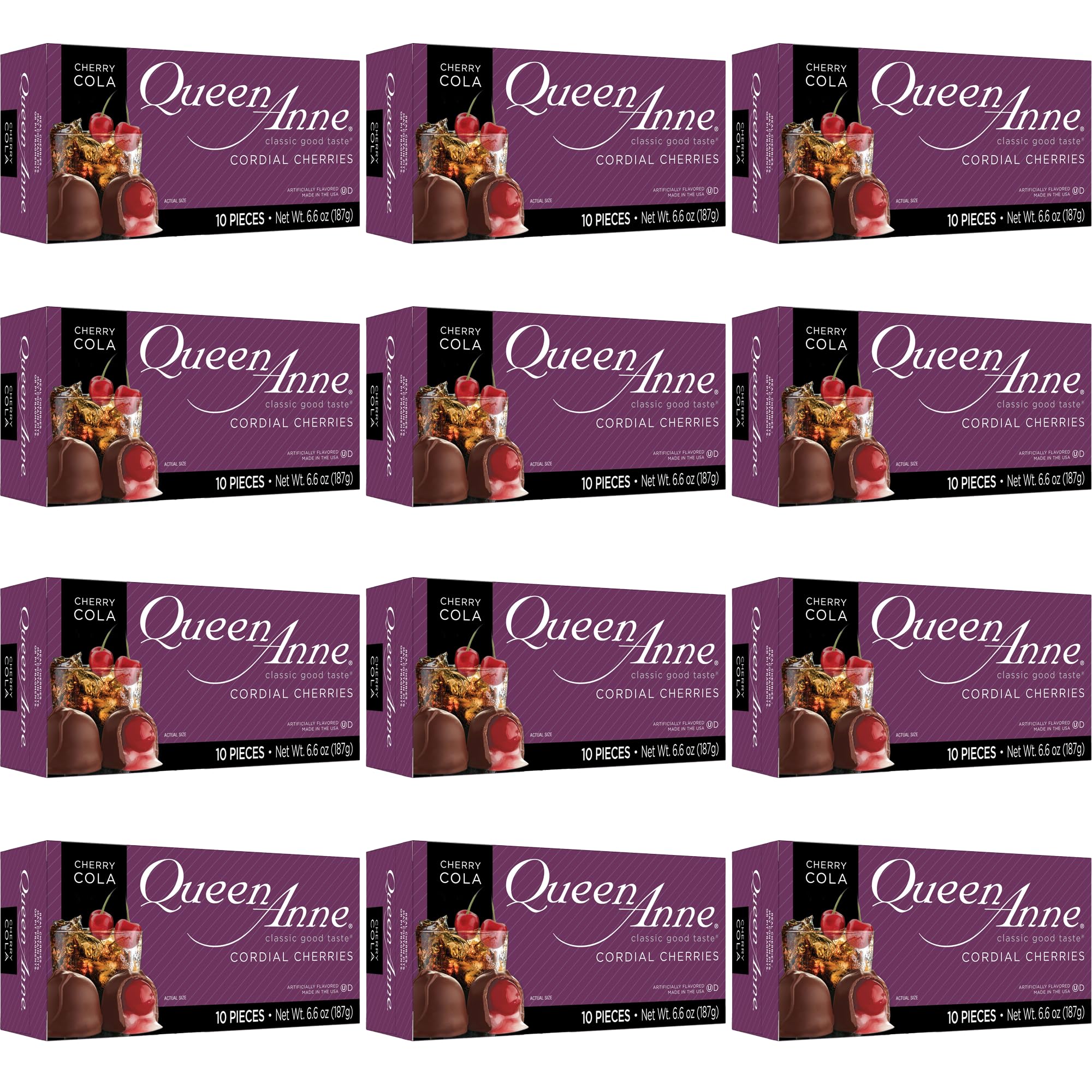 Queen AnneCherry Cola Chocolate Covered Cordial Cherries | 6.6 oz (Pack of 12) | 10 Piece Gift Boxes | Whole Maraschino Cherry Creamy Filled Liquid Center | Holiday Party Chocolate Candy