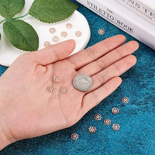 Miniatura 6 de 20 tapas de flores huecas de latón con cuentas de oro rosa de 0.315 pulgadas (0.315 in), espaciador de cuentas sueltas para pendientes, pulseras,