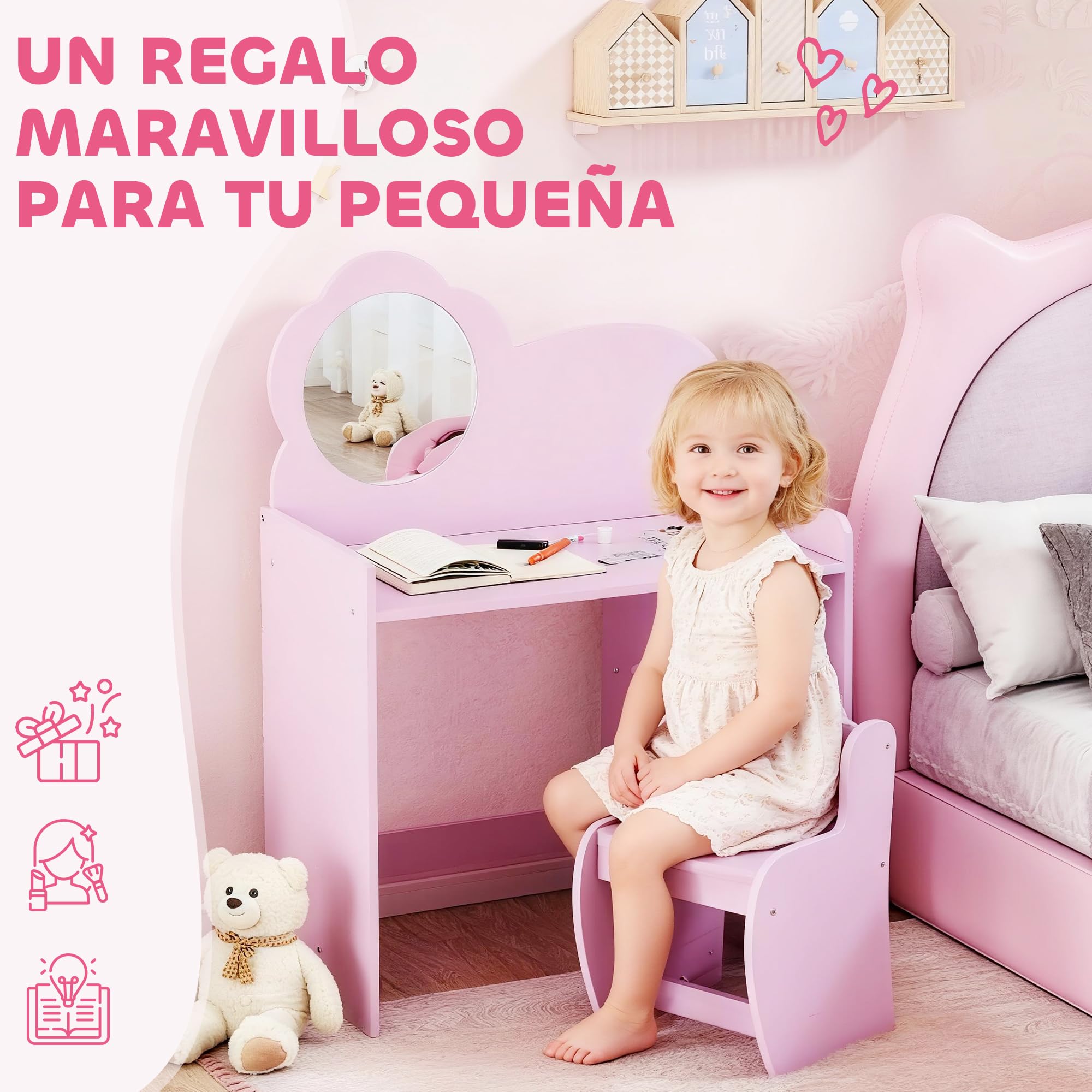 AIYAPLAY Tocador de Maquillaje Niña, 2 en 1, Escritorio, Tocador Infantil con Taburete, Espejo en Forma de Flor, Estantes Abiertos, para Niños +3 Años, Morado