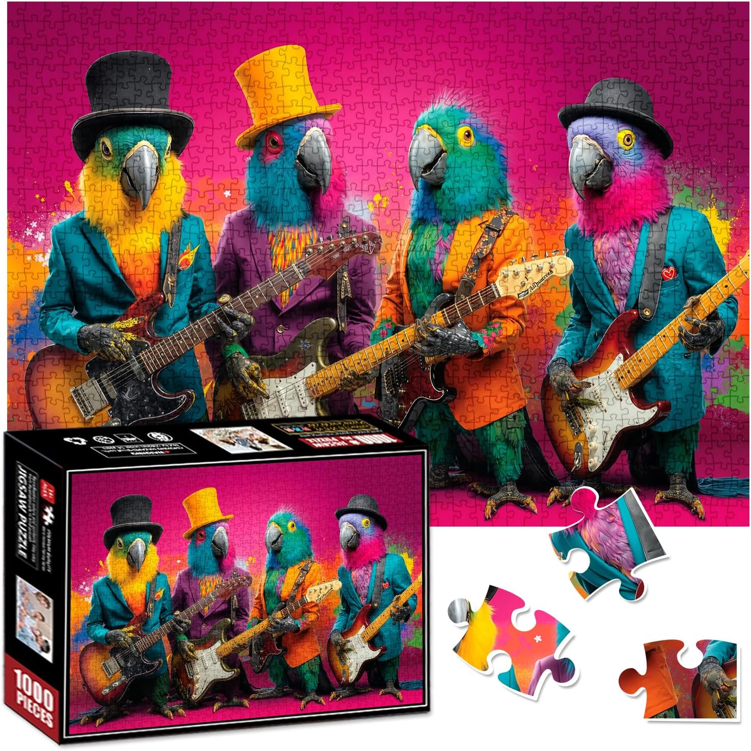 1000 Piece Jigsaw Puzzles for Adults, Funny Parrot Band Playing Guitar, Colorful Bird Pop Art Puzzle, Vibrant Musical Animal Family Game Home Decor (MZ209)