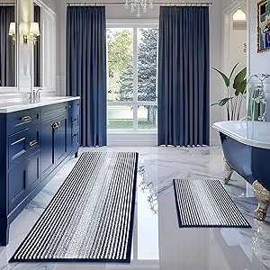 BSICPRO Bathroom Rugs and Mats Sets, 2 Piece Thick Absorbent Chenille Bath Mat Rug Set Non Slip, Soft Shaggy Bath Room Floor Mats for Bathroom, Machine Washable (Navy, 20" x 60" Plus 20" x 32")