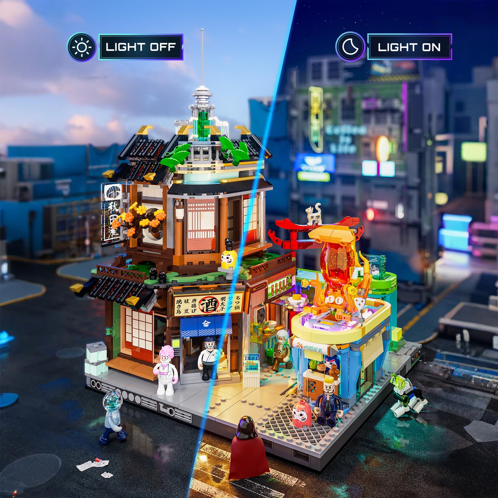 FUNWHOLE Cyberpunk Japanese-Izakaya Lighting-Building-Bricks Set - Cyberpunk Neon City Future Pub Japanese Street View House Collection LED Light Model Set 1987 Pcs for Adults and Sci-fi Lovers