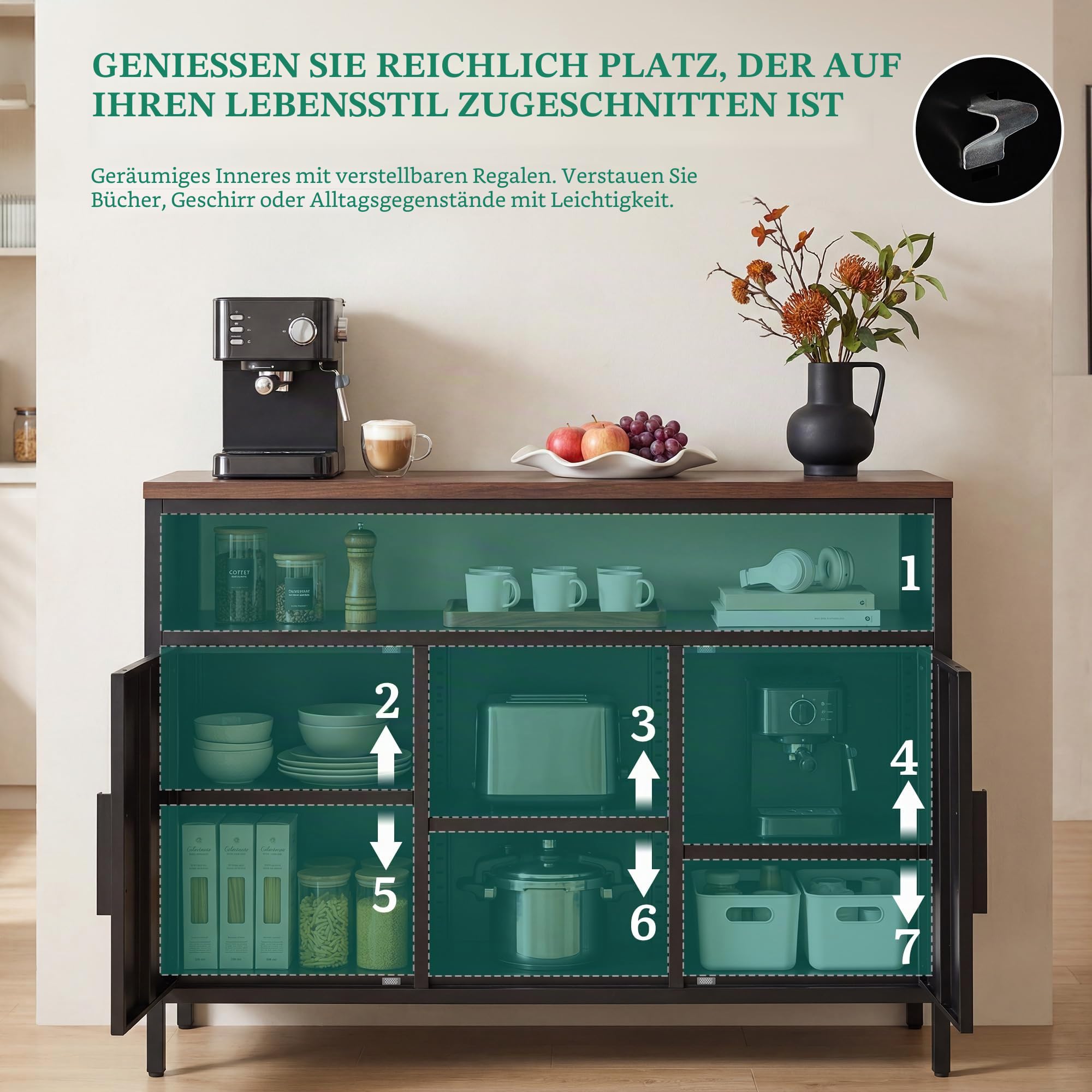 YITAHOME Aufbewahrungsschrank, Metallschrank, Sideboard, Schrank mit Doppeltür, Magnetverschluss, verstellbare Einlegeböden, Stahlgestell