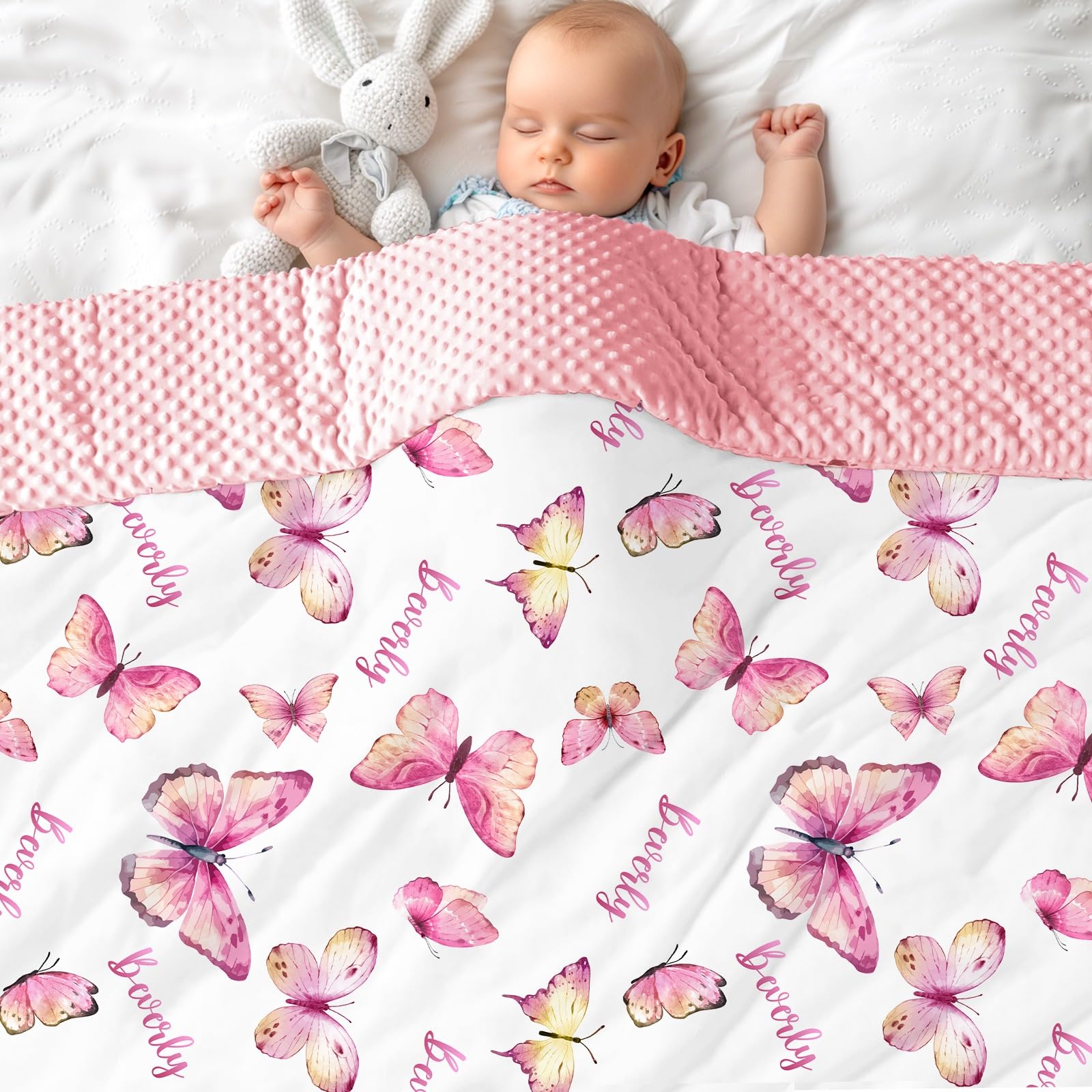 MJARTORIA Personalised Nane Blanket, Customised Baby Blanket with Name Text for Girl Adult Soft Bubble Style Rainbow Elephant Blanket 100cm/150cm/200cm (Pink Butterfly)