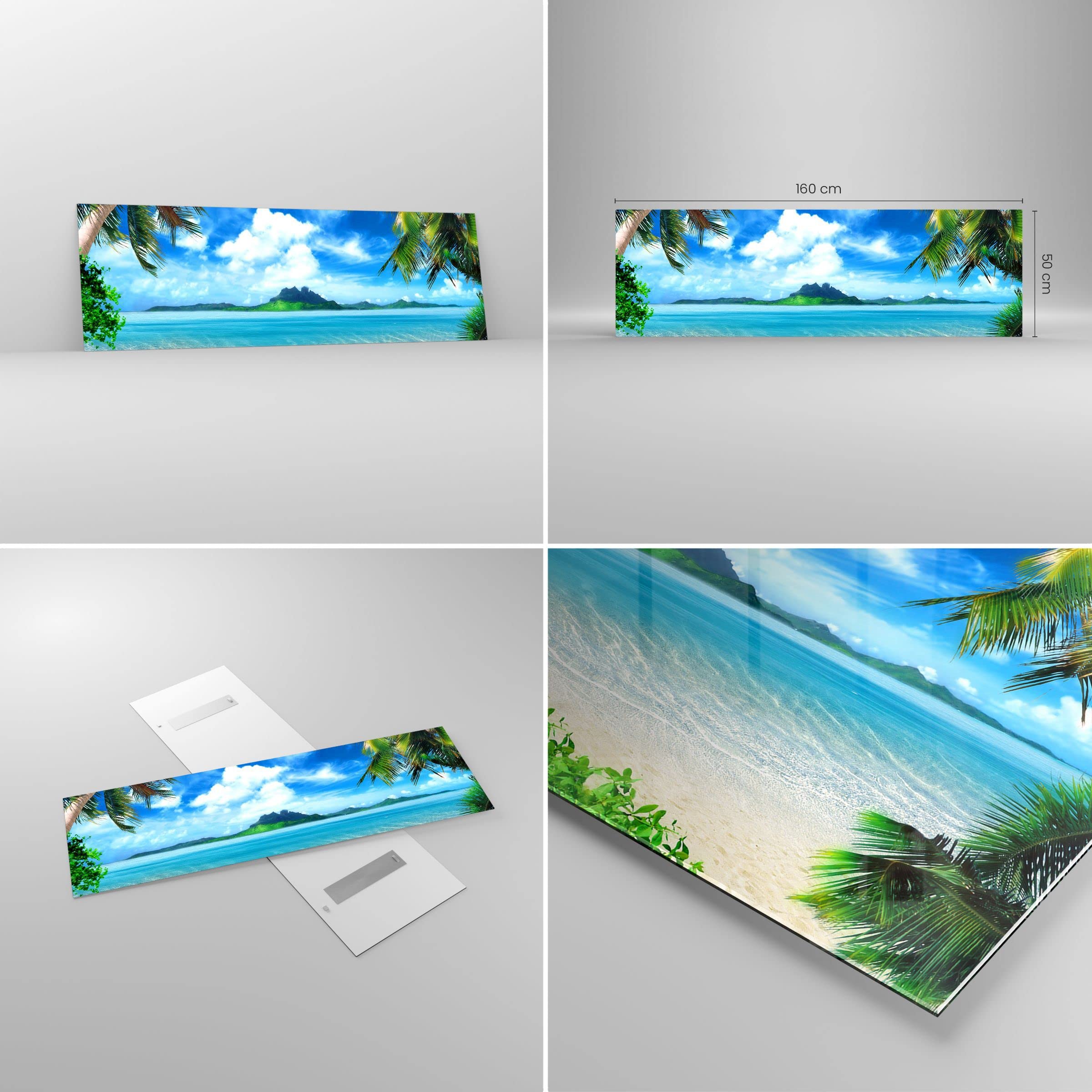 Panorama Bilder auf Glas 160x50cm Glasbild Strand Urlaub Insel Palme Groß XXL Wanddeko Bild im Glas Schlafzimmer Küche Wandbilder Dekoration Wohnzimmer Modern Wand Kunstdruck Art GAB160x50-2528