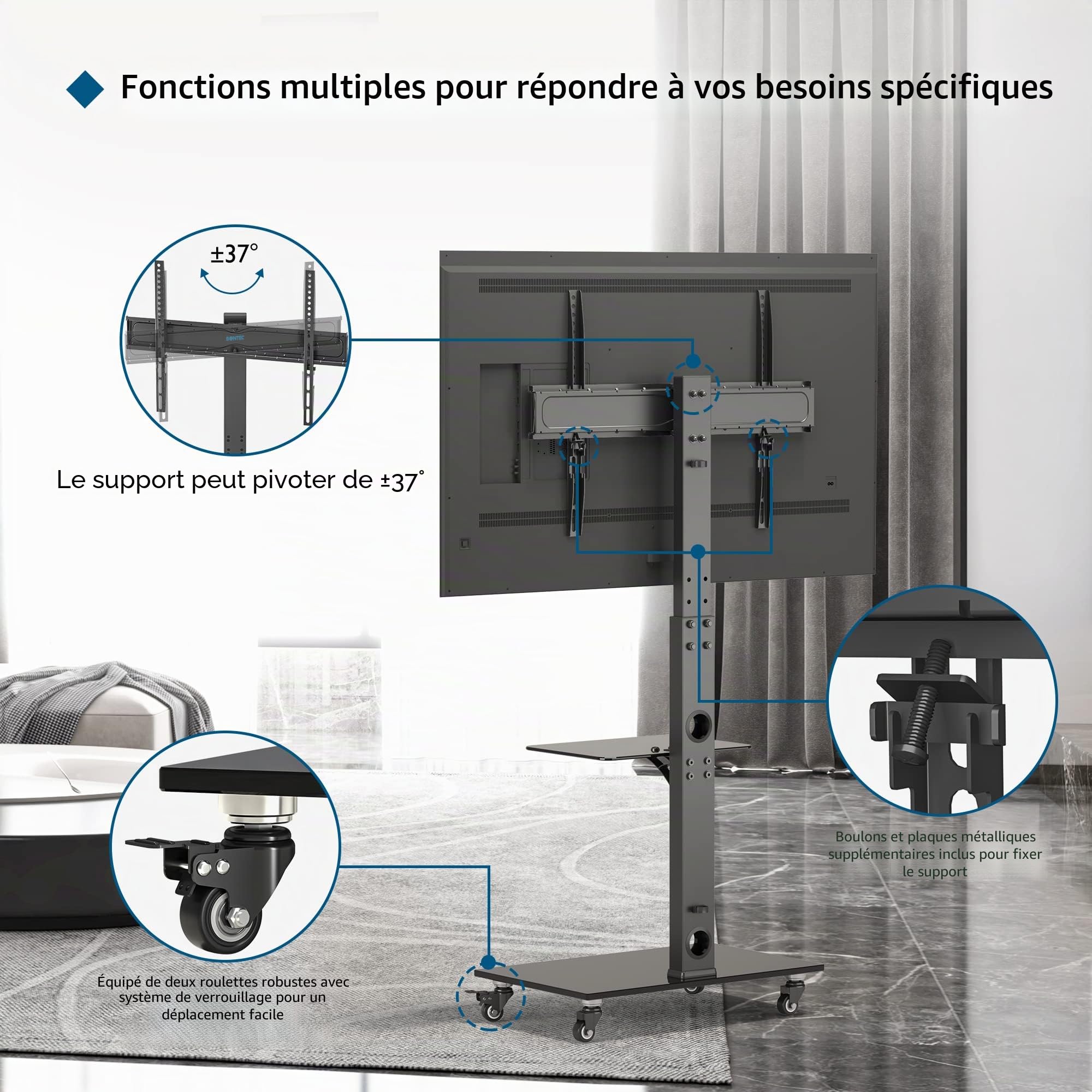 BONTEC Support TV roulettes Support Tele Mobile pour Téléviseurs Plasma/LCD/LED de 30 à 70 Pouces jusqu'à 40 kg, 6 réglages de Hauteur avec étagères en Verre trempé à 2 Niveaux, Max VESA 600x400 mm