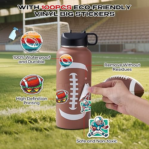 Miniatura 4 de Botella de agua de fútbol de 32 onzas y 100 calcomanías de fútbol de acero inoxidable aisladas, botella de agua deportiva, accesorios de fútbol,