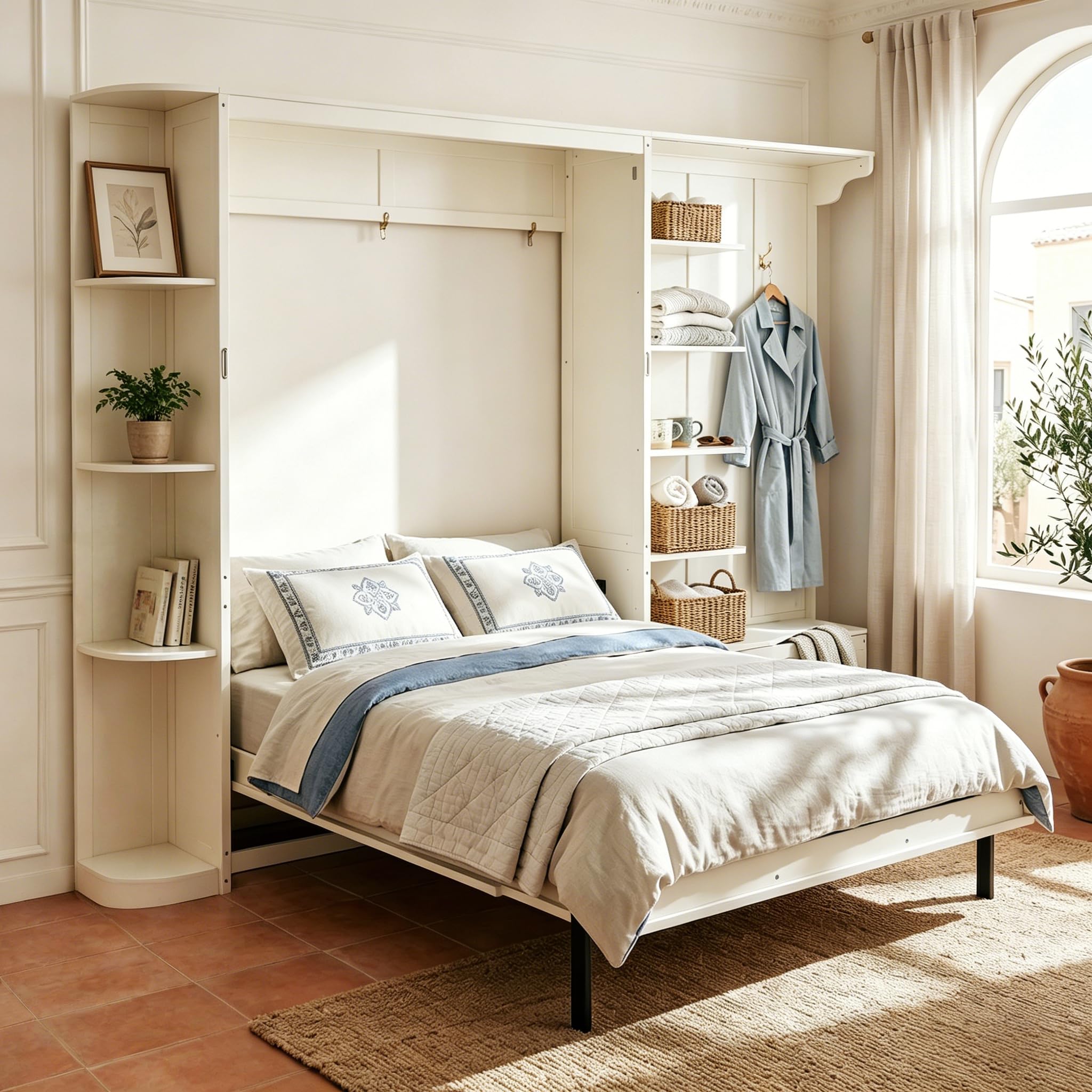 Photo 1 of *** FOUR BOXES ***Merax Queen Size Murphy Bed with Storage and Lights, Hidden Fold-Out Legs, Foldable Murphy Cabinet Bed with Hook, Built-in Shelves & Cabinets, Wood Space-Saving Wall Bed for Guest Room Office, White