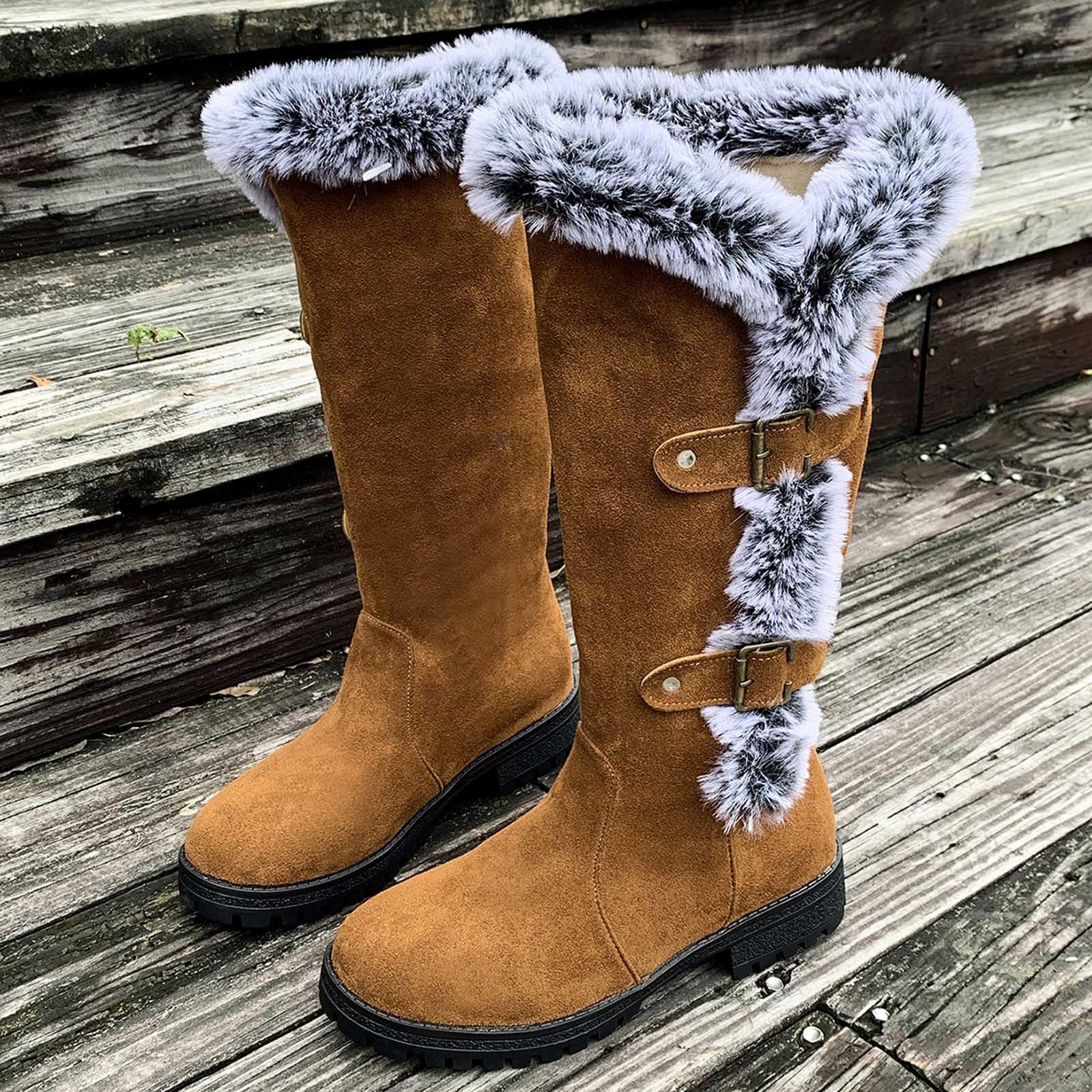 Bottes de Neige Femme Fourrées Mollets Larges Bottes Femme Hiver Chaudes en Daim Botte de Neige Mi-Mollet Snow Boots Fourrées Antidérapantes Chaussure Hiver Confort Chaussures de Randonnée de Ski