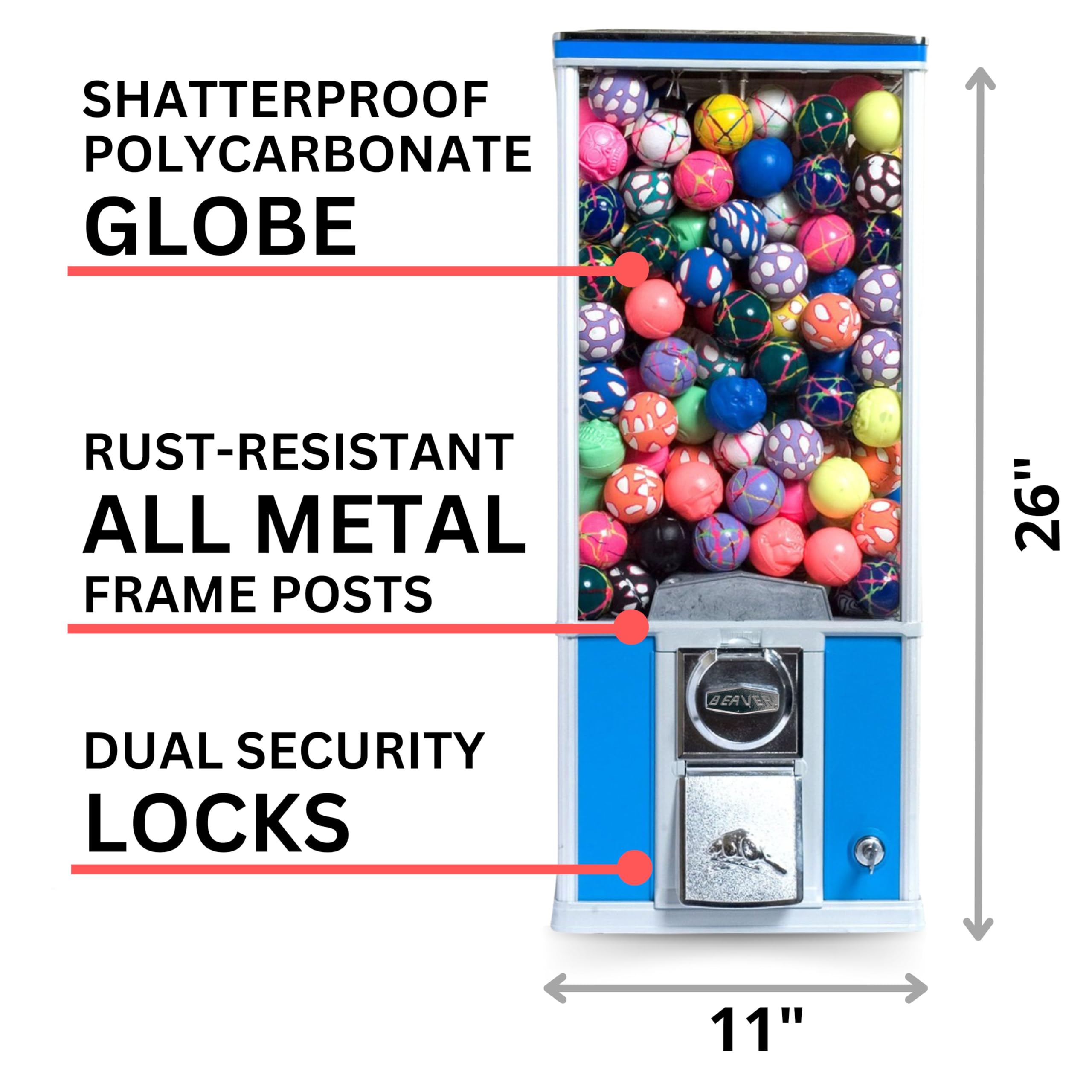 Vending Machine - Beaver Capsule Vending Machine - 26” Tall Prize Machine for 2” Inch Capsules with Beaver Coin Mechanism - Blue