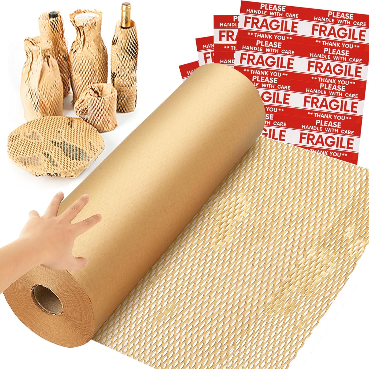 Honeycomb Packing Paper Wrap 15x12000 (1000 ft), Substitute Alternative for Bubble Cushioning Wrap for Moving Shipping Packaging, Recyclable Moving Supplies with 48 Fragile Sticker Labels