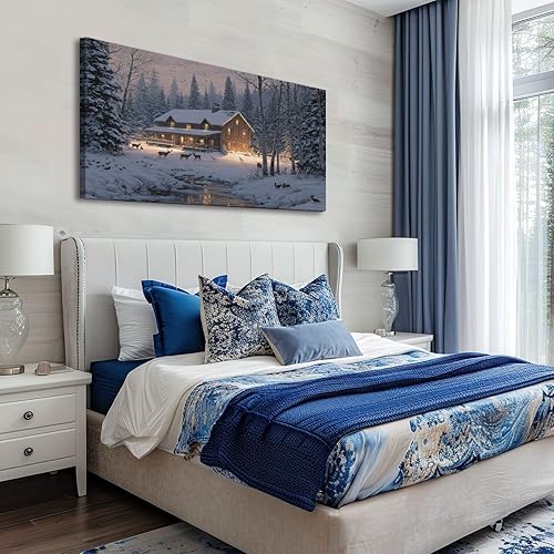 Miniatura 2 de 20"x 40" Canvas Wall Art Winter Farmhouse Golden Rustic Animal Deer Vintage Log Cabin Framed Pictures Painting Prints Large Wall Art for Living Room