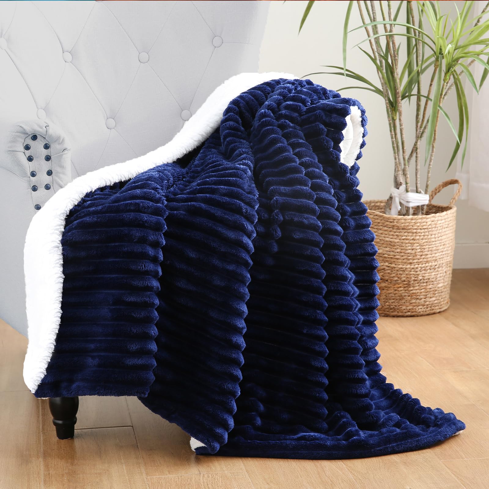 Linecooo Navy Blue Sherpa Fleece Throw Blanket 50”×60” for Couch Sofa Bed