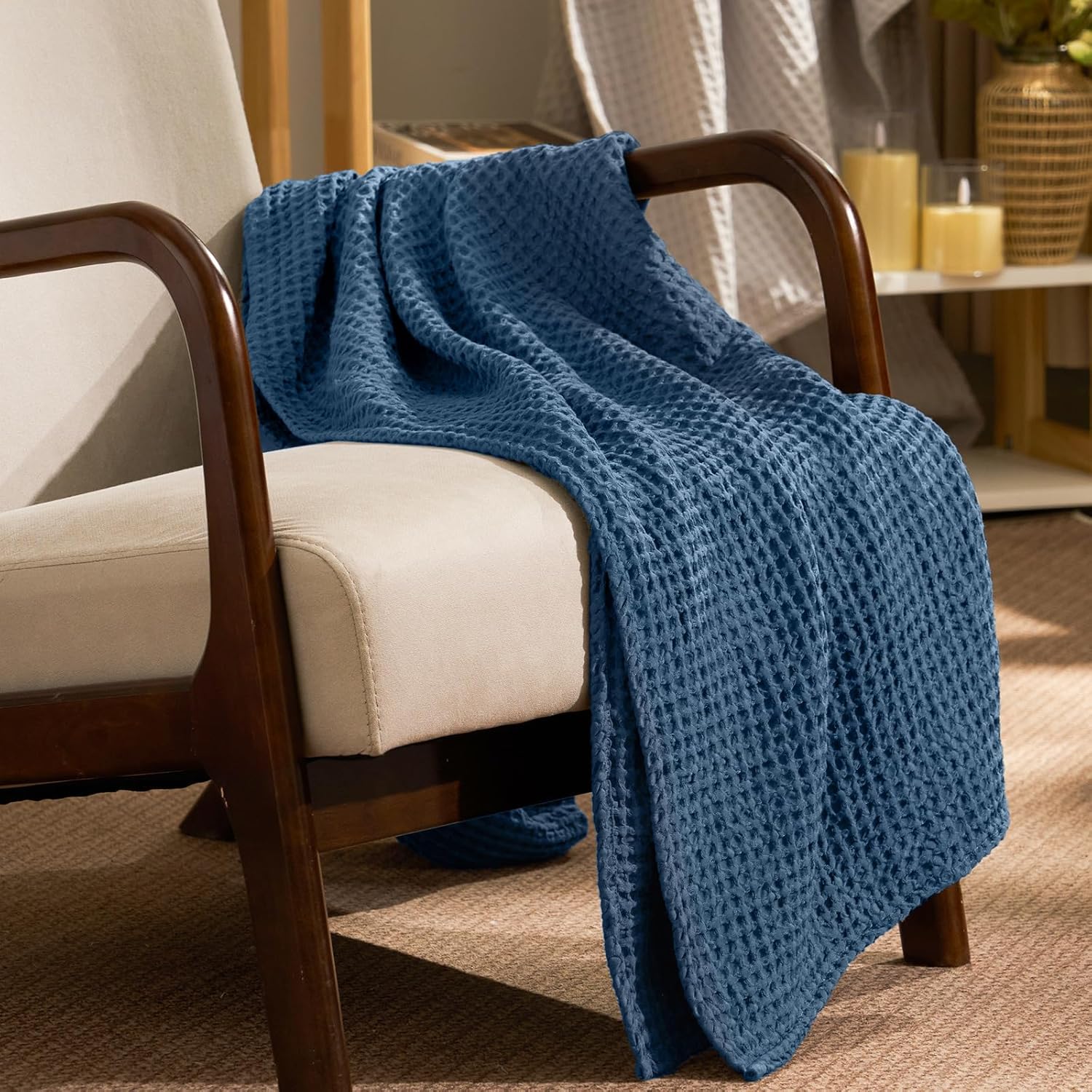 PHF Ultra Soft Waffle Weave Throw Blanket 50"x 60"- Washed Lightweight Breathablee Cozy Woven Blanket - Great for Couch Bed Sofa Home Car - Navy Blue