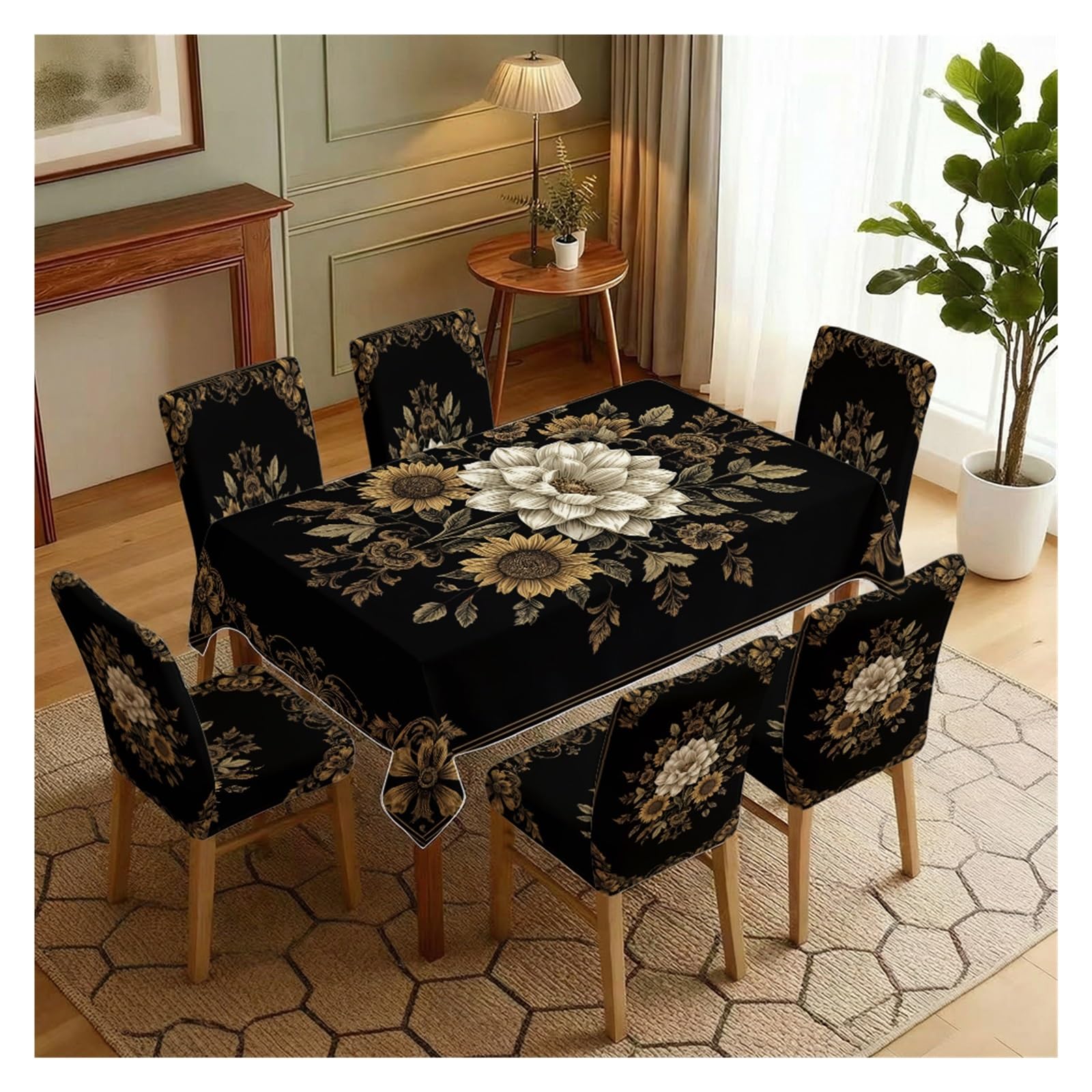 KXUAUV Stretch Dining Chair Slipcover & Tablecloth Set, Black Base Vintage Gold Baroque White Floral Print, 5/7 Pack, Luxury Gothic Elegant Home Decor Party Decor(7pcs Set: Tablecloth+Chair Covers)