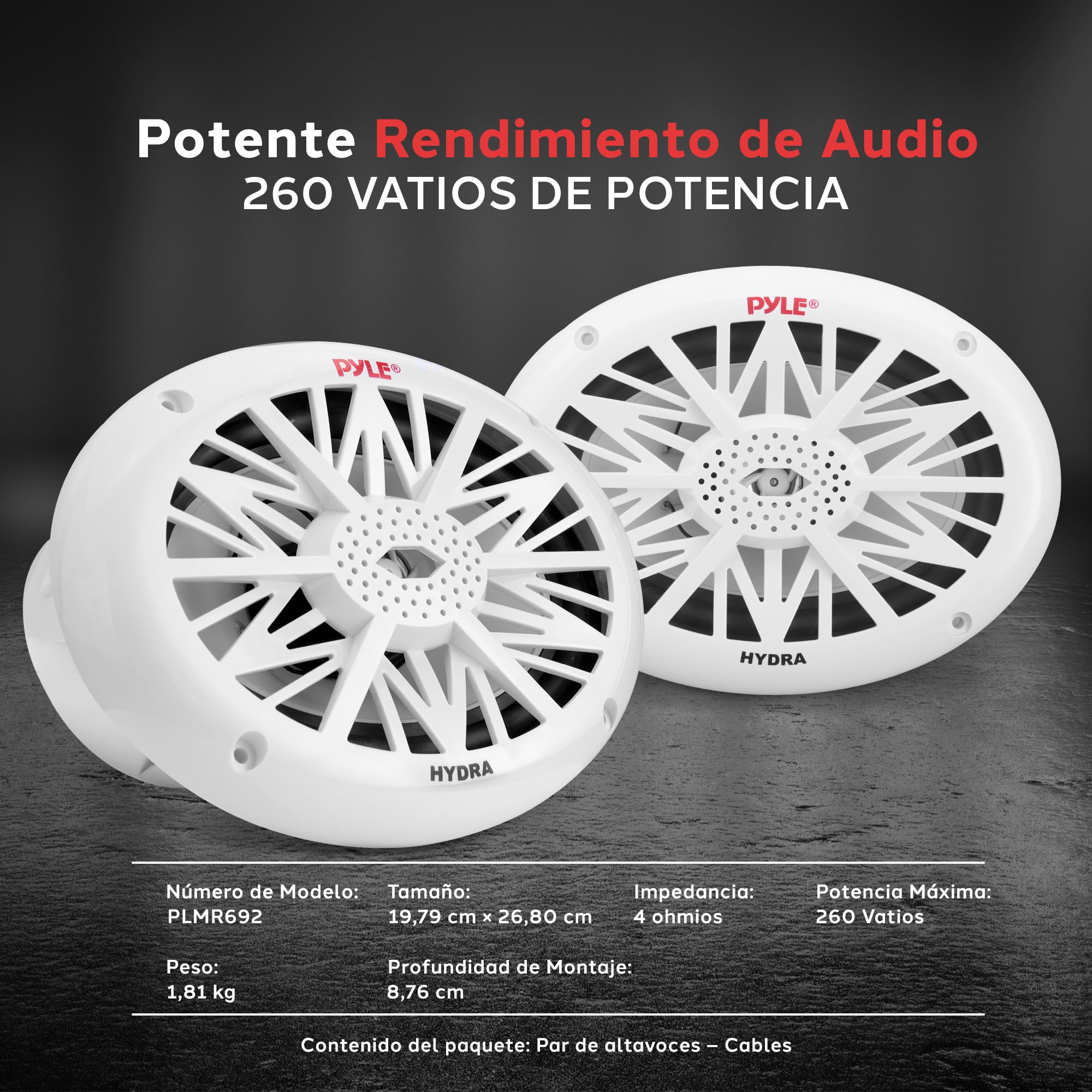 Pyle Altavoces Marinos 6x9 Pulgadas Doble - Sistema de Sonido Estéreo Exterior Resistente al Agua y al Clima con Potencia de 260W, Cono de Policarbonato y Borde de Tela - 1 Par - PLMR692