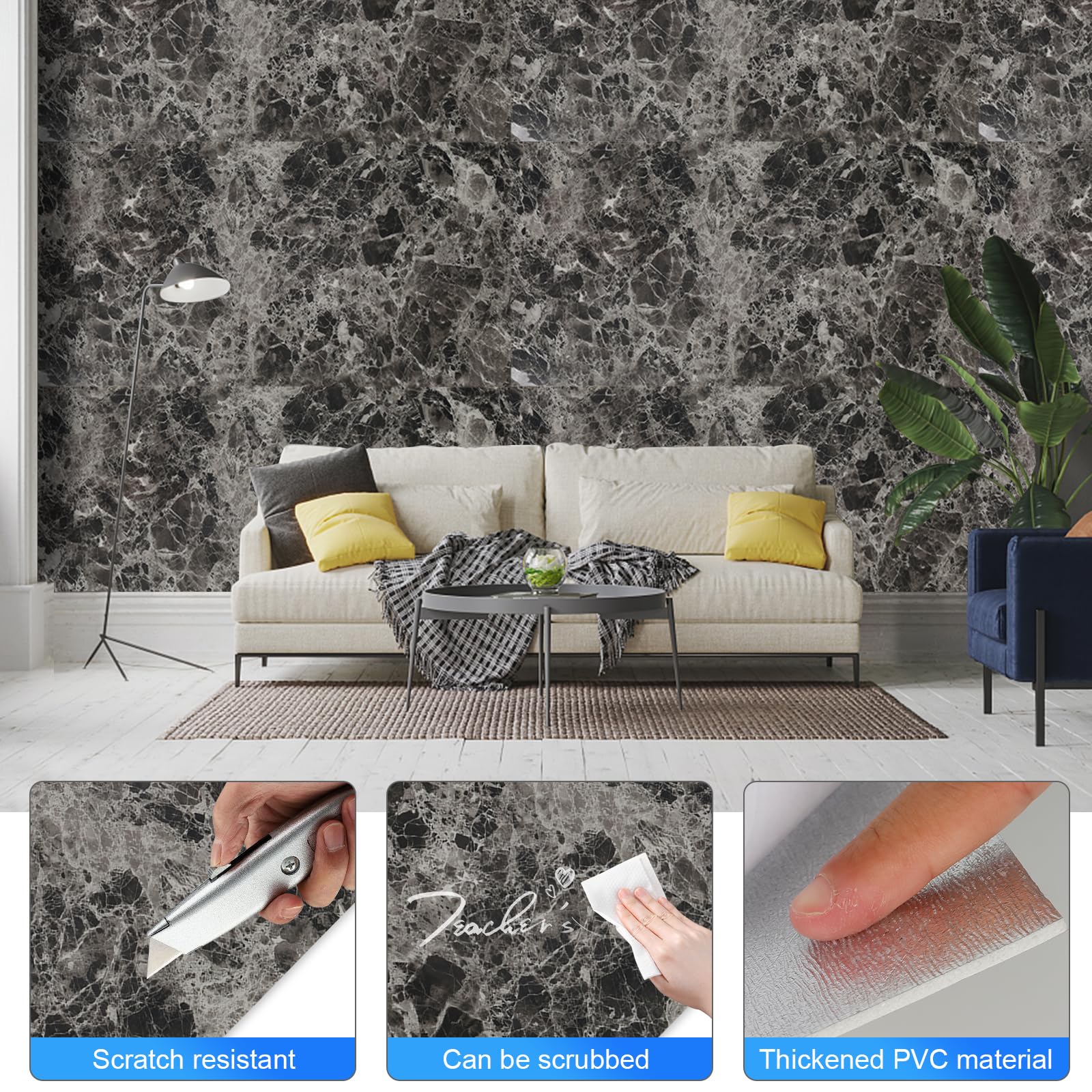 Lot De 10 Autocollants Pour Carrelage Marbré - 60 X 30 Cm - En PVC - Aspect Marbre - Décoration Imperméable - Pour Salle De Bain, Cuisine, Salon, Cham | Leroy Merlin