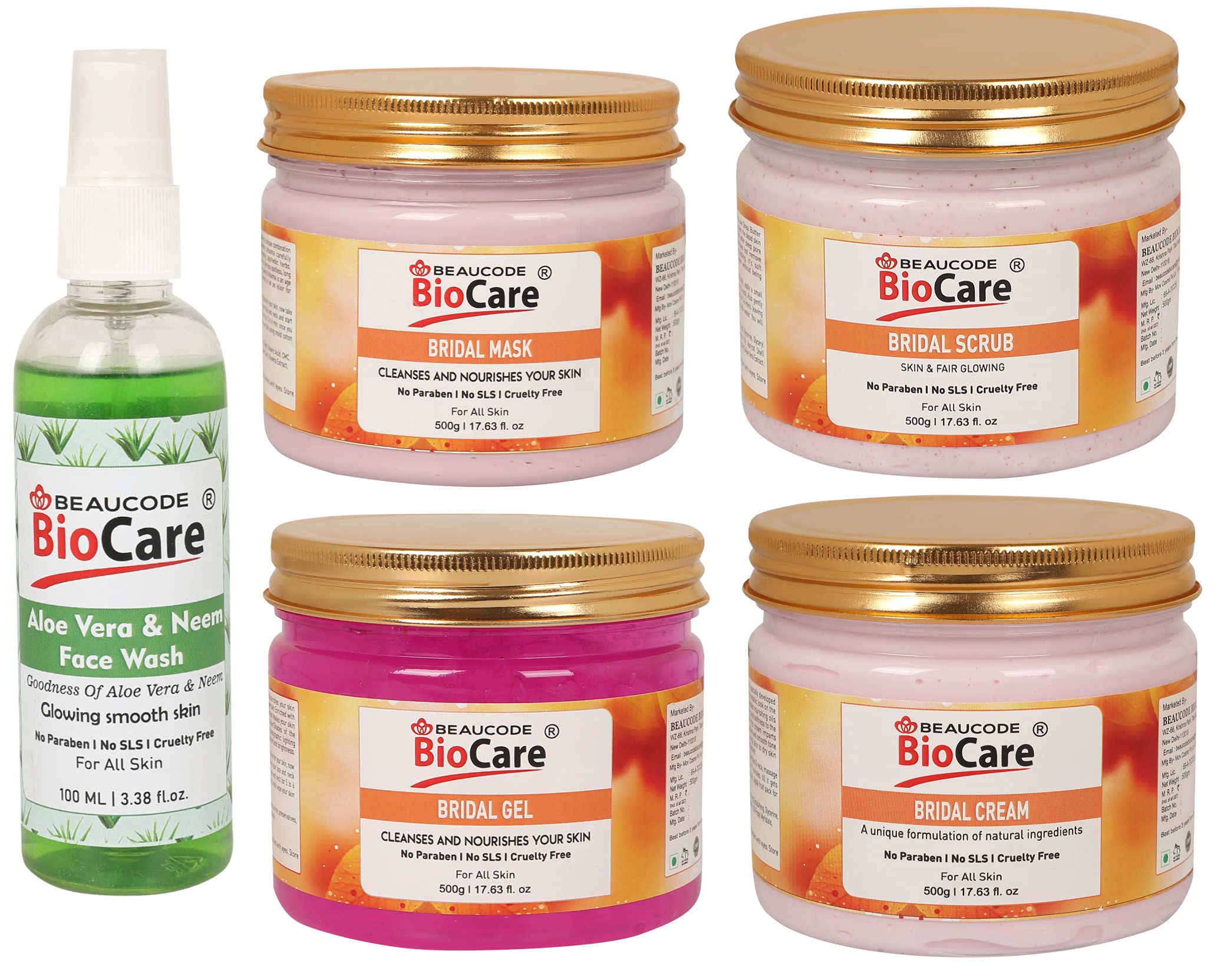 BEAUCODE BioCarePack of-5, Bridal Face and Body Gel & Cream & Mask & Scrub (500g) and Aloe Vera Face wash (100ml)