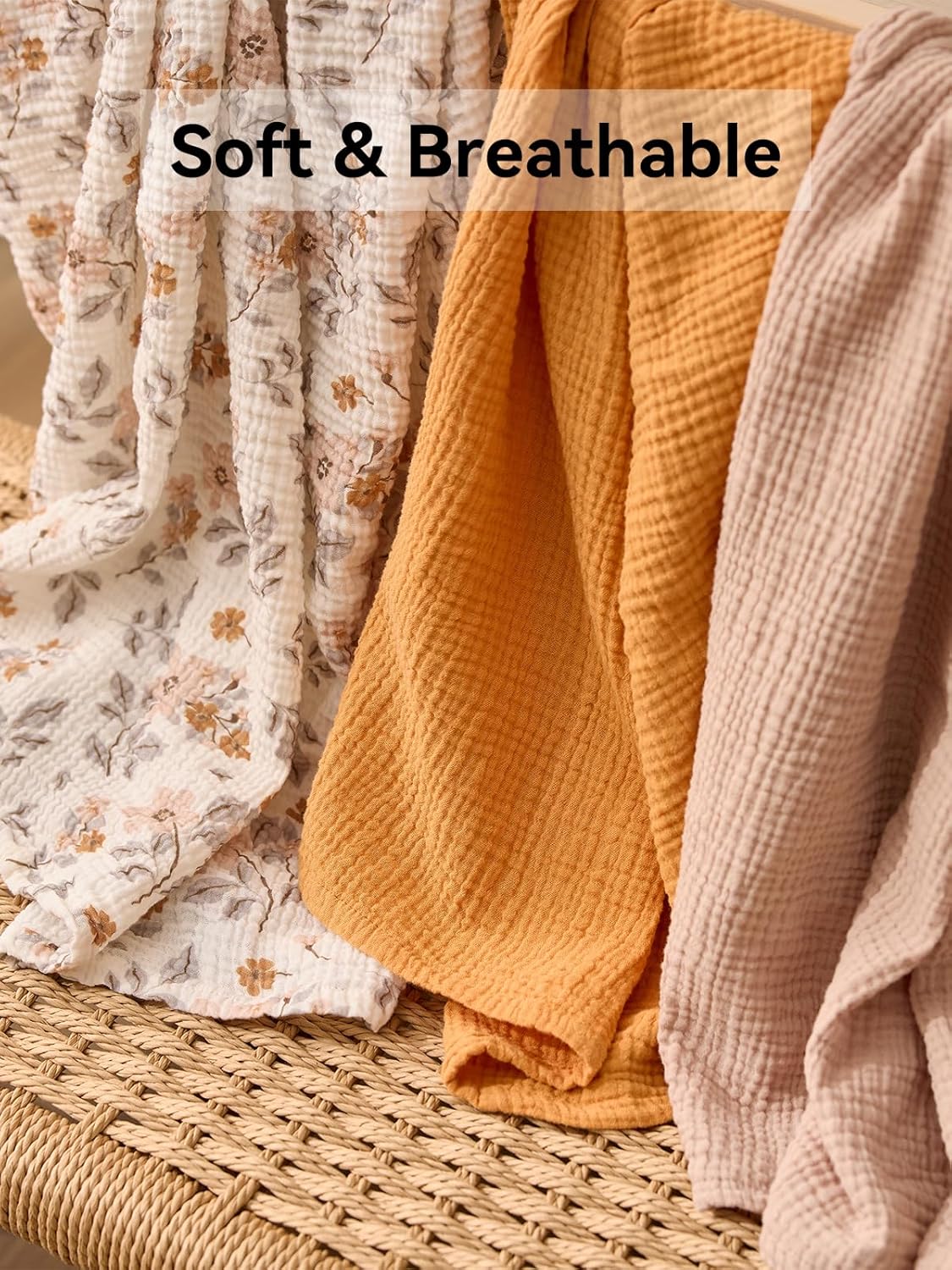 TILLYOU 3 Pack Muslin Swaddles for Newborns Baby Blankets for Girls Boys Cotton Swaddle Blankets 40"X40", Yellow Flower - Image 3