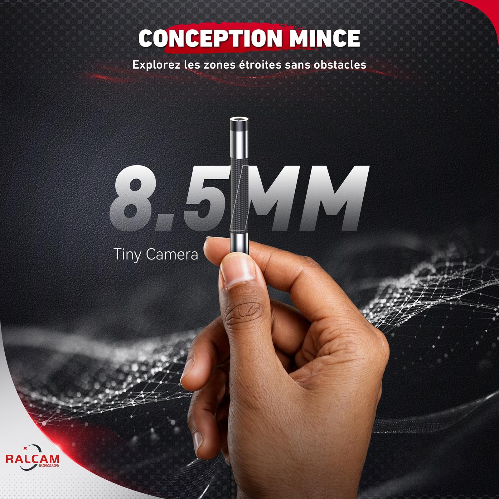 Ralcam Caméra Endoscope Industrielle 4,3" HD 1080P, 8,5mm avec 6 LED, IP67 Étanche, Endoscope Professionnel pour Tuyaux, Automobile et Maison (Sonde Flexible 1m)